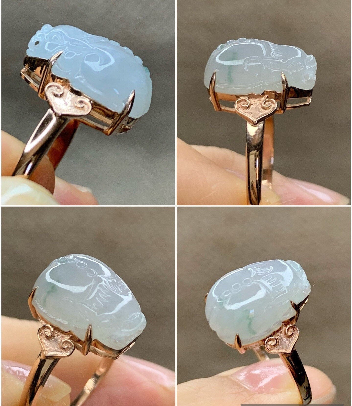 Certified Natural Burmese Icy Translucent and Gelatinous Jadeite with green marbling Pixiu Ring Size 7 18K Rose Gold 天然缅甸冰晴飘花翡翠貔貅镶嵌戒指