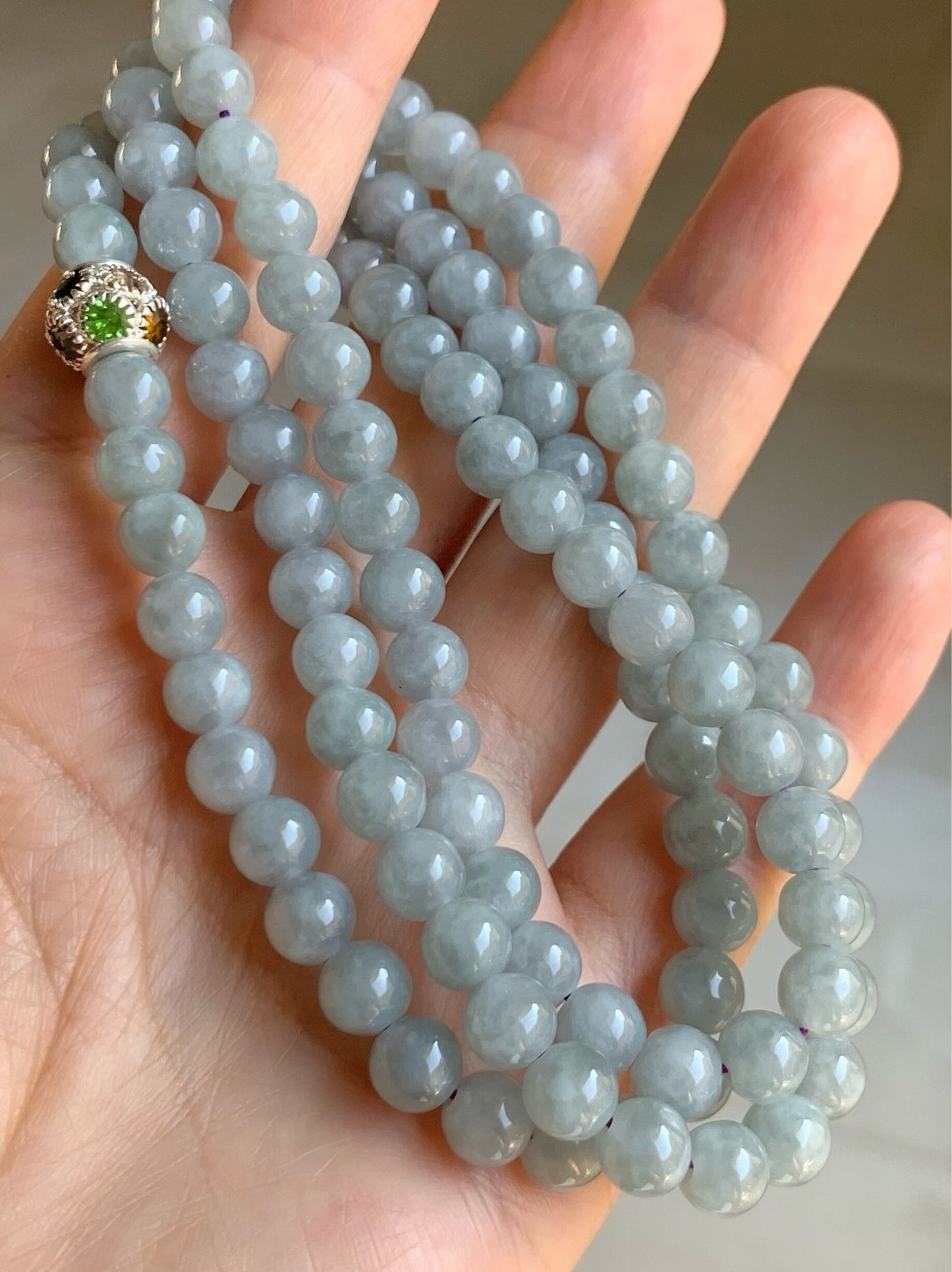 Burmese Natural Icy Translucent Gelatinous Light Wuji Jadeite Beaded Necklace 6.7mm 26” 天然缅甸起冰起胶乌鸡翡翠圆珠长串项链