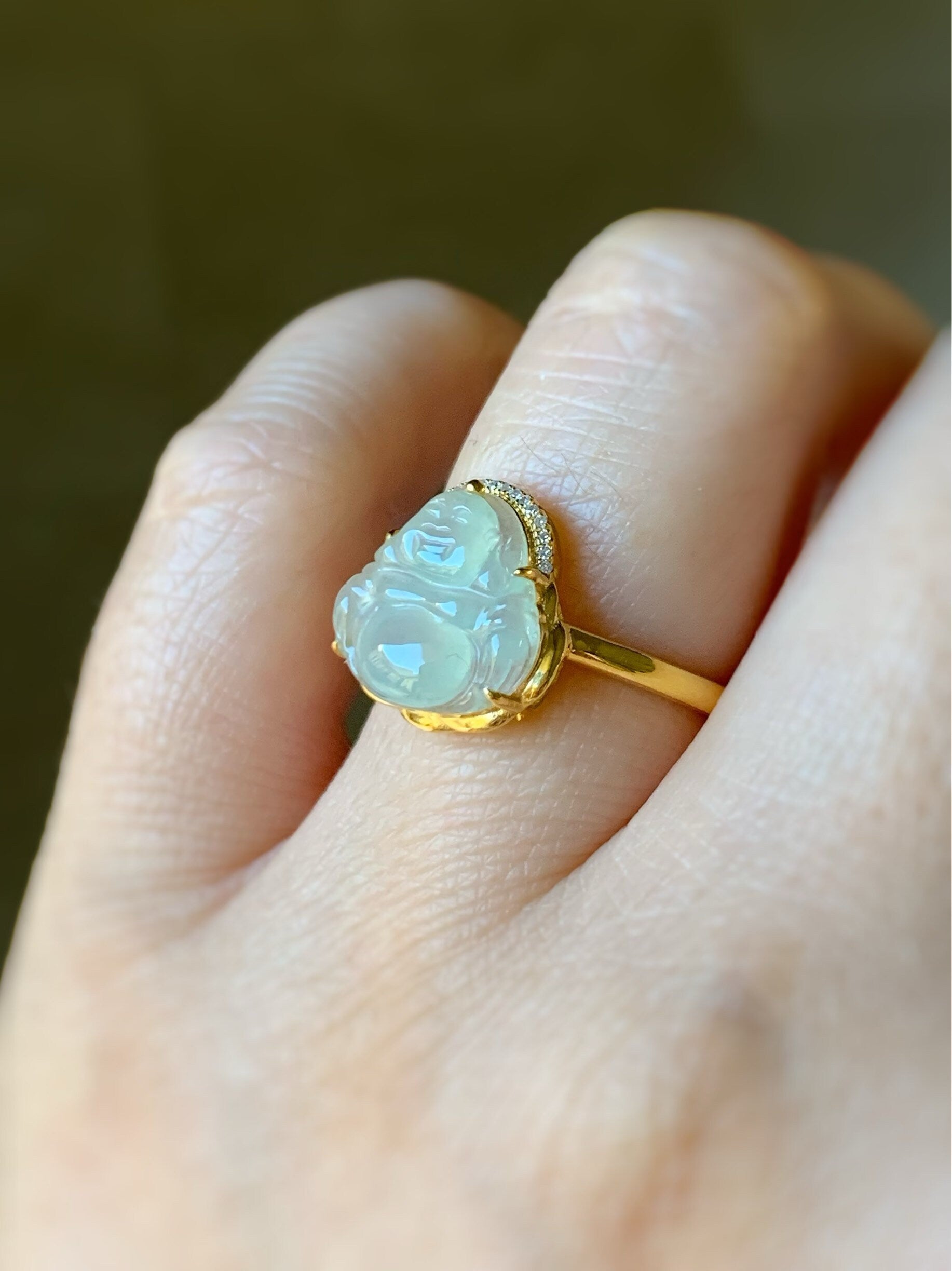 Certified Natural Burmese Premium Transparent Light Green Jadeite Buddha Ring 18K Yellow Gold & Diamonds Size 7 天然缅甸高冰起光晴底翡翠佛公18K钻石镶嵌戒指