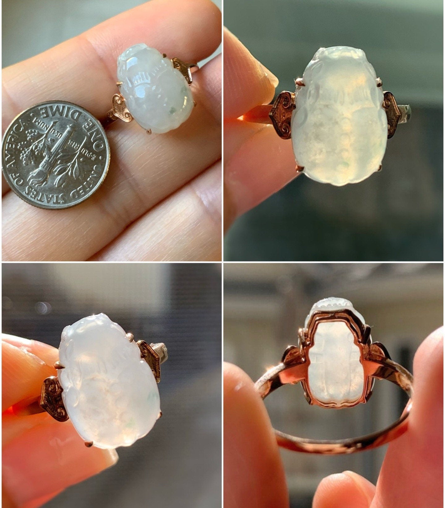 Certified Natural Burmese Icy Translucent and Gelatinous Jadeite with green marbling Pixiu Ring Size 7 18K Rose Gold 天然缅甸冰晴飘花翡翠貔貅镶嵌戒指