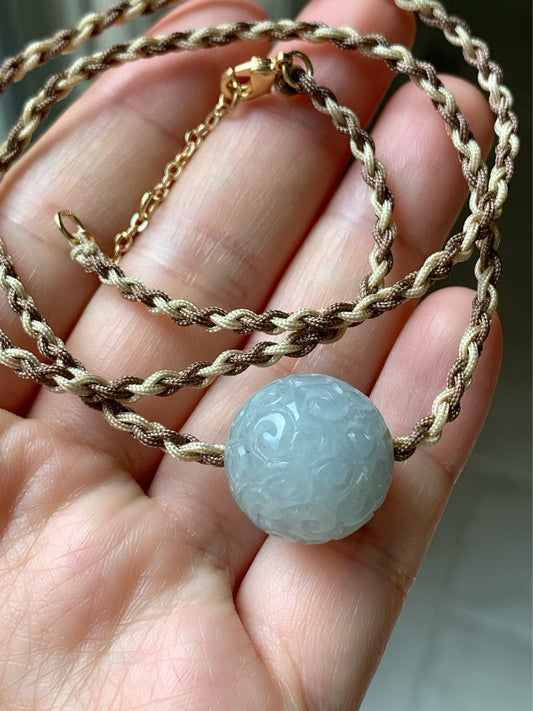 Huge Natural Burmese Icy Translucent Sky Blue Jadeite Retro Engraved Single Sphere Bead Rope Necklace Adjustable 17"-18.25" 天然缅甸天空蓝翡翠仿古雕单珠项链