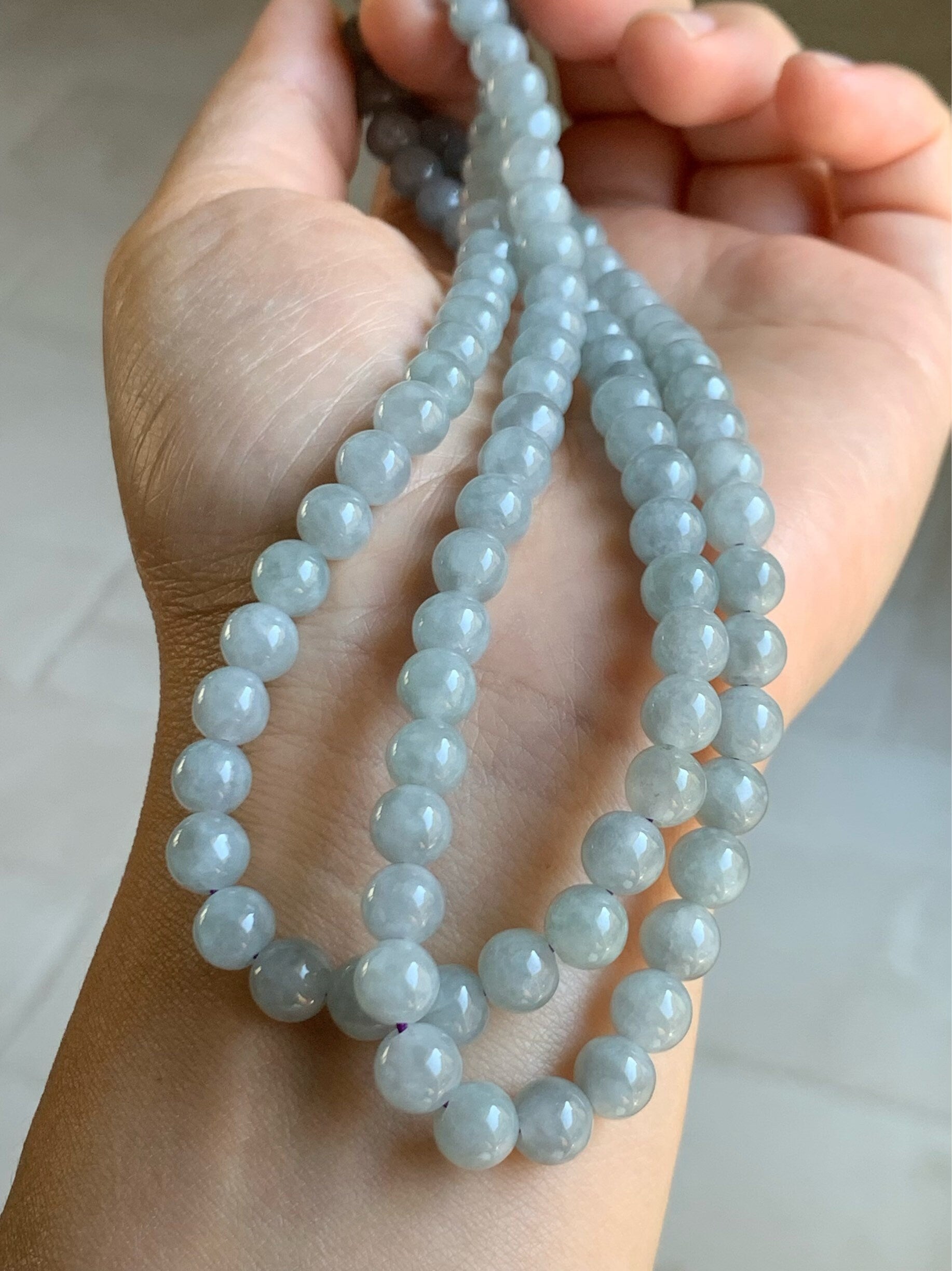 Burmese Natural Icy Translucent Gelatinous Light Wuji Jadeite Beaded Necklace 6.7mm 26” 天然缅甸起冰起胶乌鸡翡翠圆珠长串项链