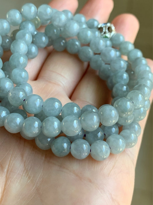 Burmese Natural Icy Translucent Gelatinous Light Wuji Jadeite Beaded Necklace 6.7mm 26” 天然缅甸起冰起胶乌鸡翡翠圆珠长串项链