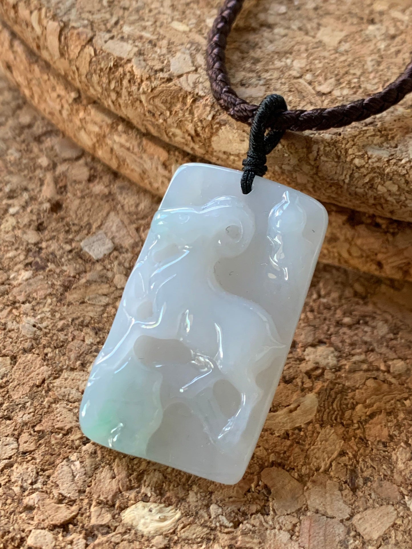 Certified Natural Burmese Translucent Gelatinous Icy White & Green Jadeite Carved Goat Pendant Rope Necklace Adjustable 天然缅甸冰胶玛瑙底白加绿翡翠羊牌吊坠