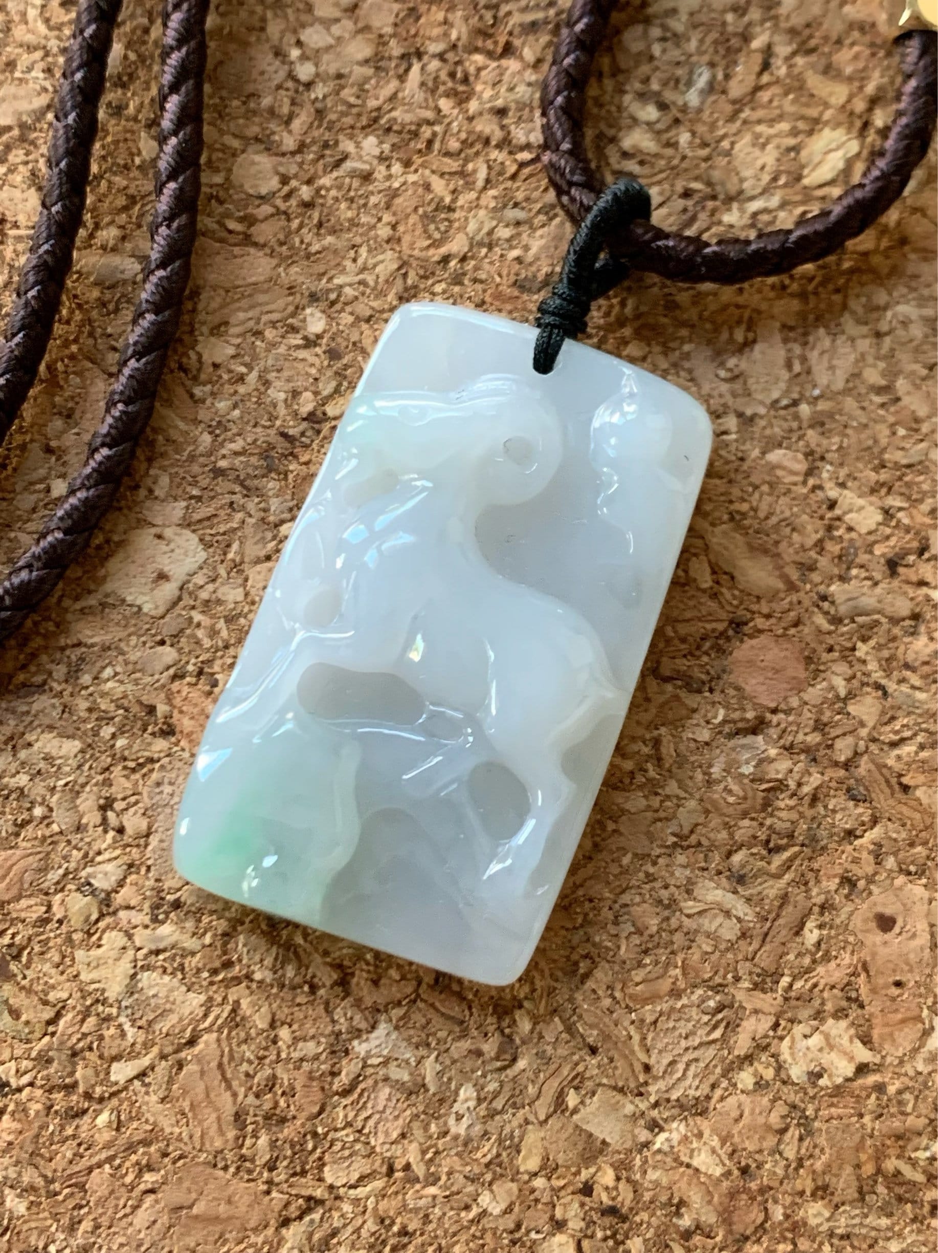 Certified Natural Burmese Translucent Gelatinous Icy White & Green Jadeite Carved Goat Pendant Rope Necklace Adjustable 天然缅甸冰胶玛瑙底白加绿翡翠羊牌吊坠