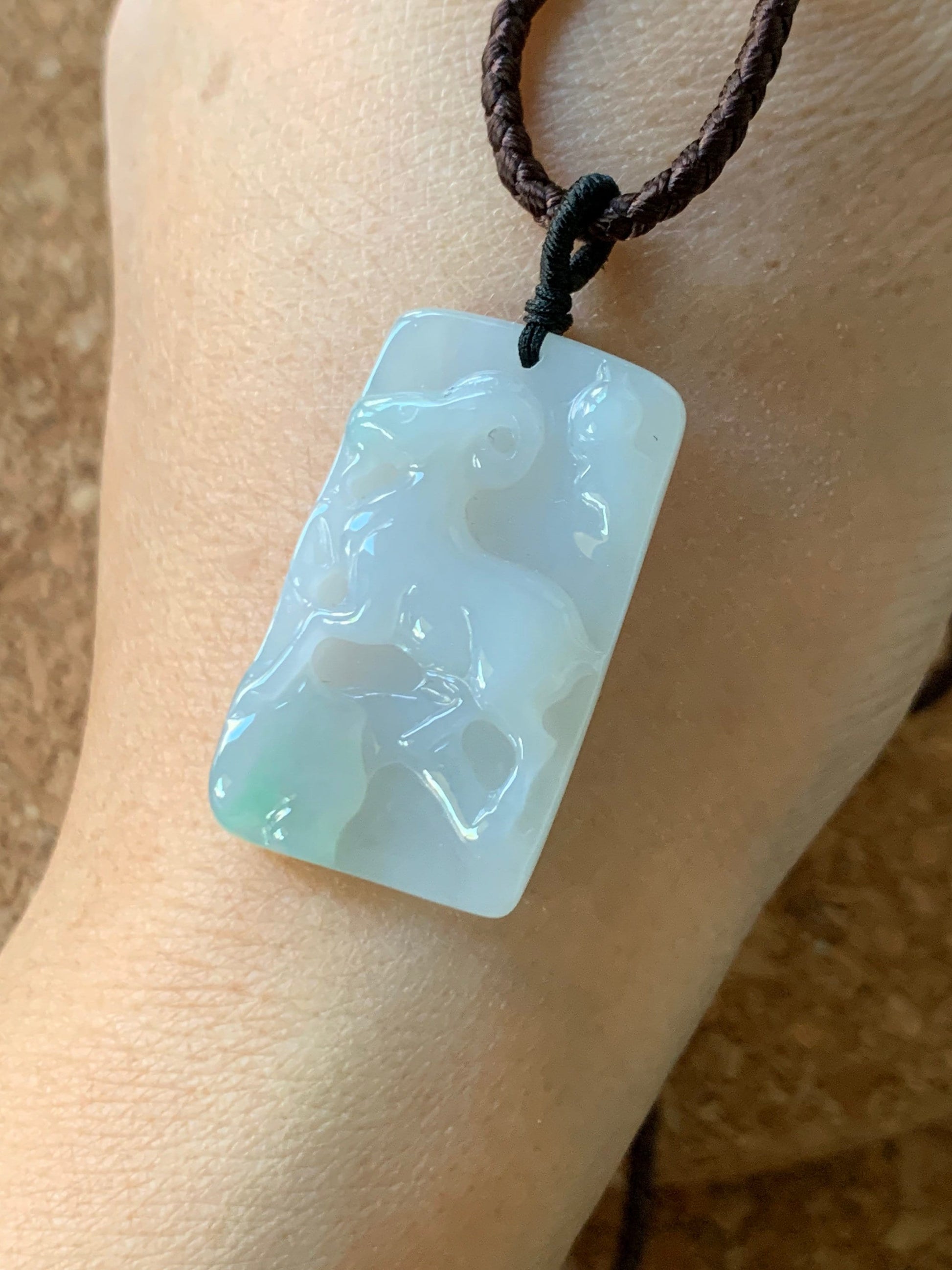 Certified Natural Burmese Translucent Gelatinous Icy White & Green Jadeite Carved Goat Pendant Rope Necklace Adjustable 天然缅甸冰胶玛瑙底白加绿翡翠羊牌吊坠