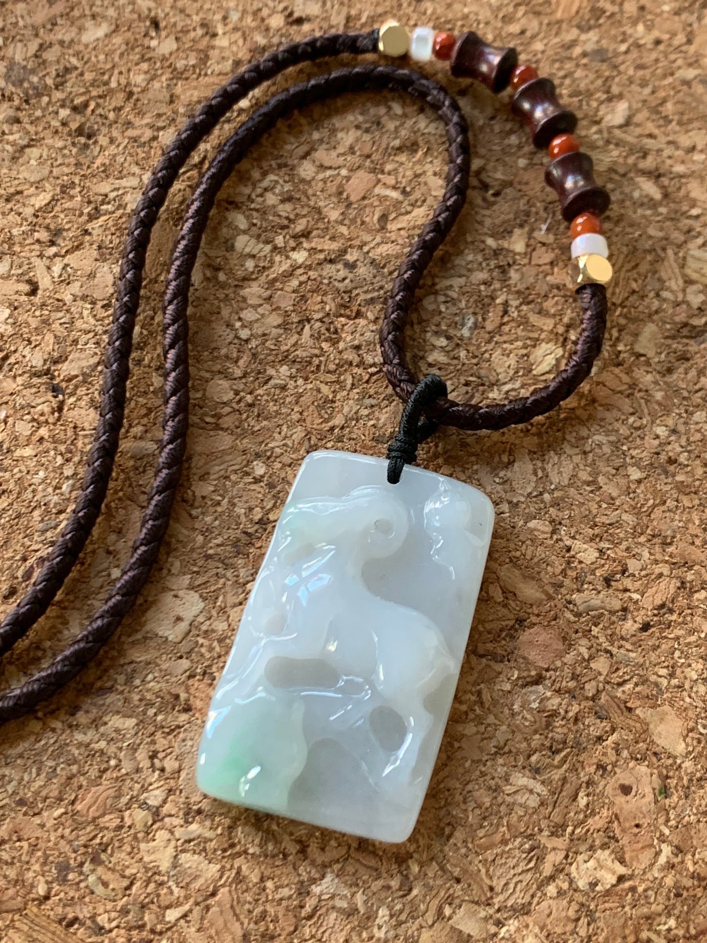 Certified Natural Burmese Translucent Gelatinous Icy White & Green Jadeite Carved Goat Pendant Rope Necklace Adjustable 天然缅甸冰胶玛瑙底白加绿翡翠羊牌吊坠