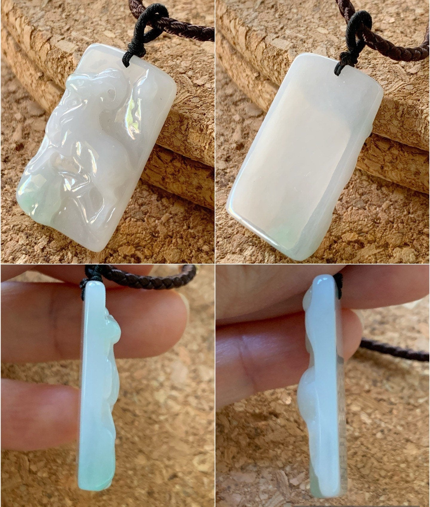 Certified Natural Burmese Translucent Gelatinous Icy White & Green Jadeite Carved Goat Pendant Rope Necklace Adjustable 天然缅甸冰胶玛瑙底白加绿翡翠羊牌吊坠