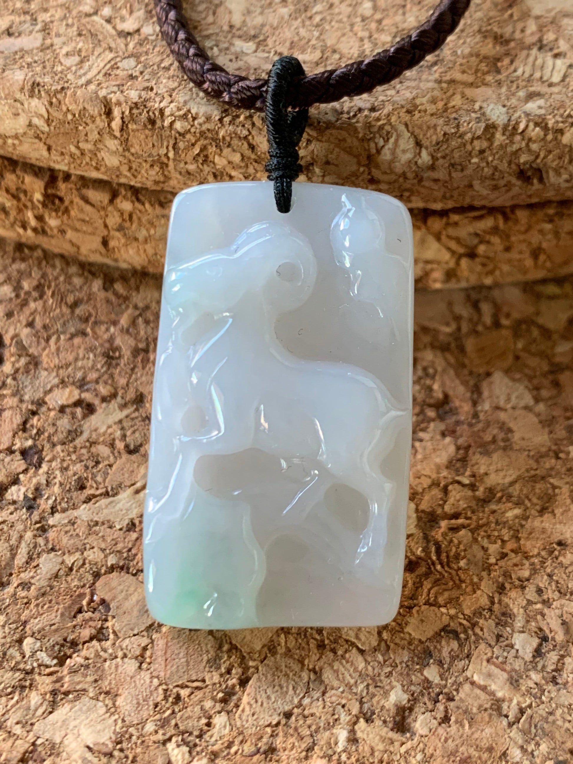 Certified Natural Burmese Translucent Gelatinous Icy White & Green Jadeite Carved Goat Pendant Rope Necklace Adjustable 天然缅甸冰胶玛瑙底白加绿翡翠羊牌吊坠