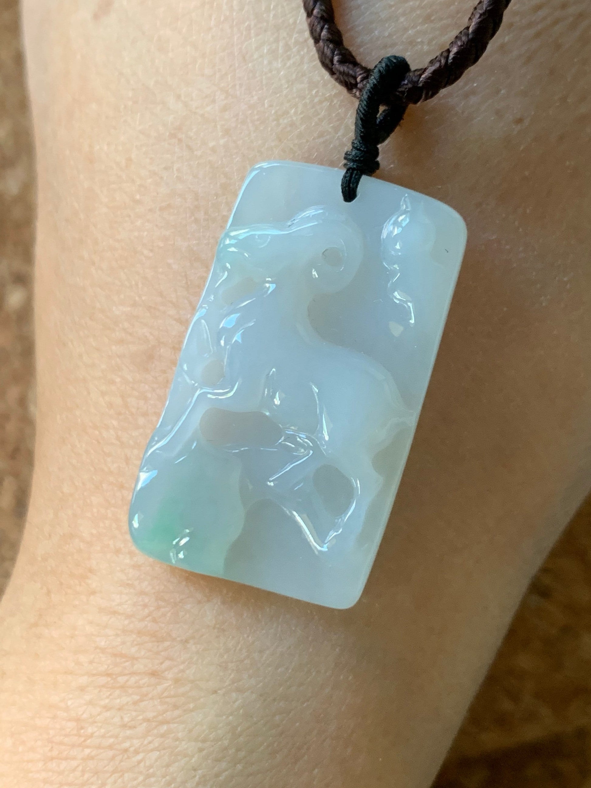 Certified Natural Burmese Translucent Gelatinous Icy White & Green Jadeite Carved Goat Pendant Rope Necklace Adjustable 天然缅甸冰胶玛瑙底白加绿翡翠羊牌吊坠