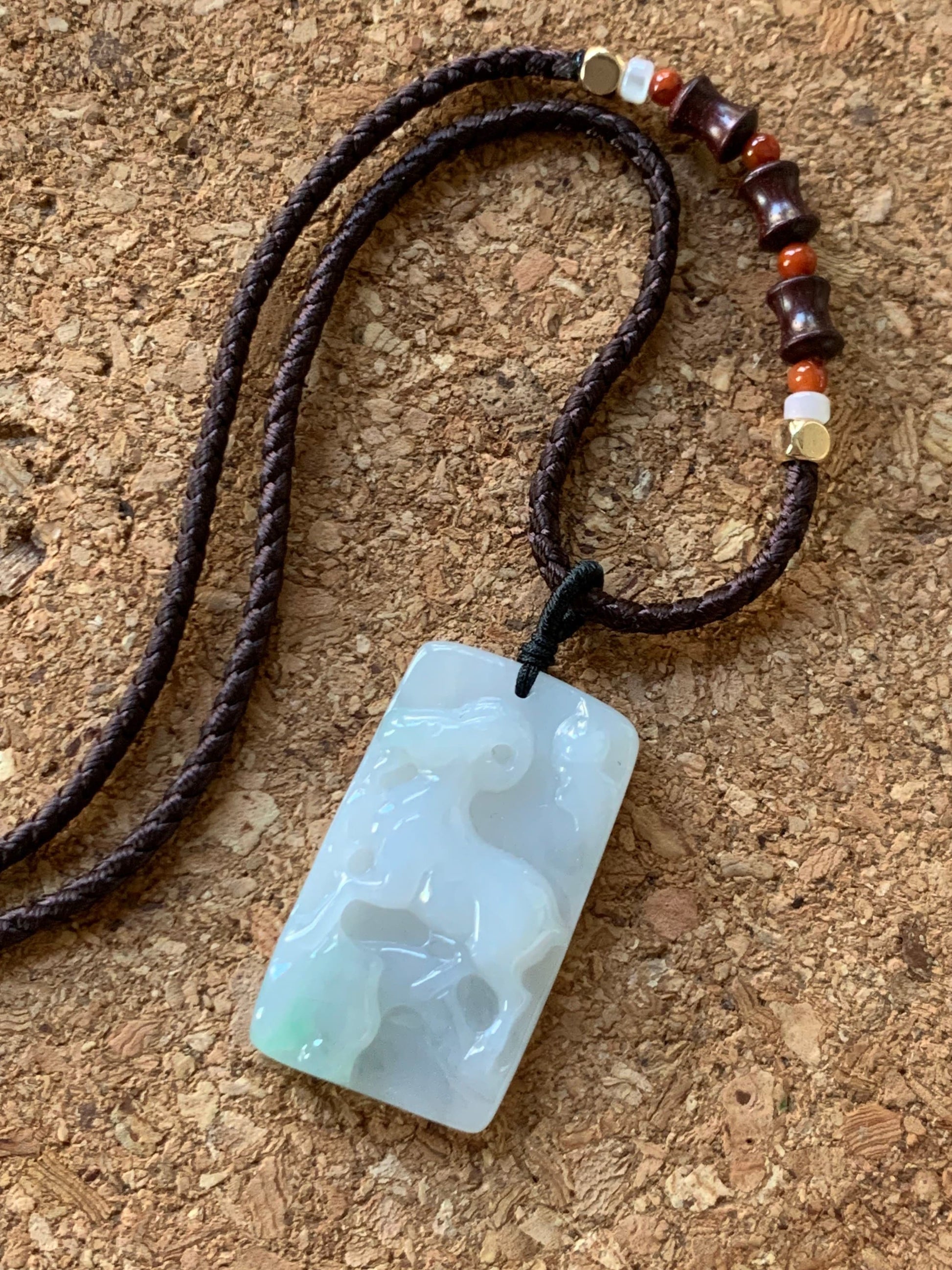 Certified Natural Burmese Translucent Gelatinous Icy White & Green Jadeite Carved Goat Pendant Rope Necklace Adjustable 天然缅甸冰胶玛瑙底白加绿翡翠羊牌吊坠