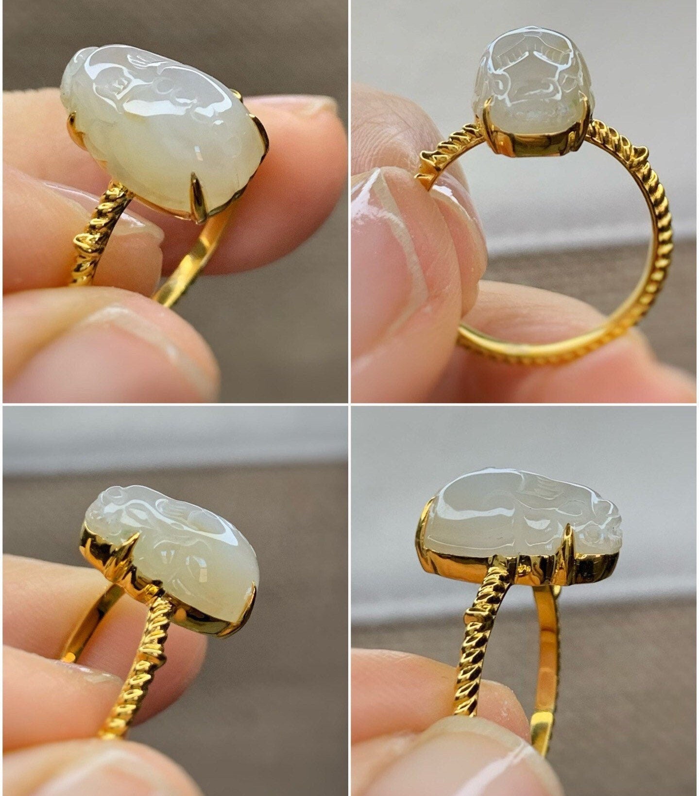 Certified Natural Burmese Icy Yellow Translucent and Gelatinous Jadeite Pixiu Ring Size 7 18K Yellow Gold 天然缅甸冰黄翡翠貔貅镶嵌戒指