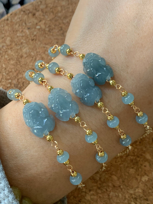 Natural Guatemalan Translucent Gelatinous Blue Jadeite Carved Pixiu Bracelet 14K Gold Plating adjustable up to 7.25"-7” 天然冰危蓝翡翠立体雕貔貅14K包金手链