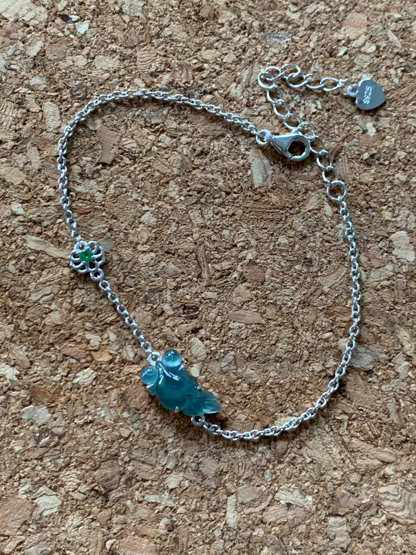 Certified Natural Guatemalan Highly Translucent Teal Blue Jadeite Carved Goldfish Bracelet S925 Sterling Silver adjustable 天然冰危蓝绿翡翠金鱼银镶手链