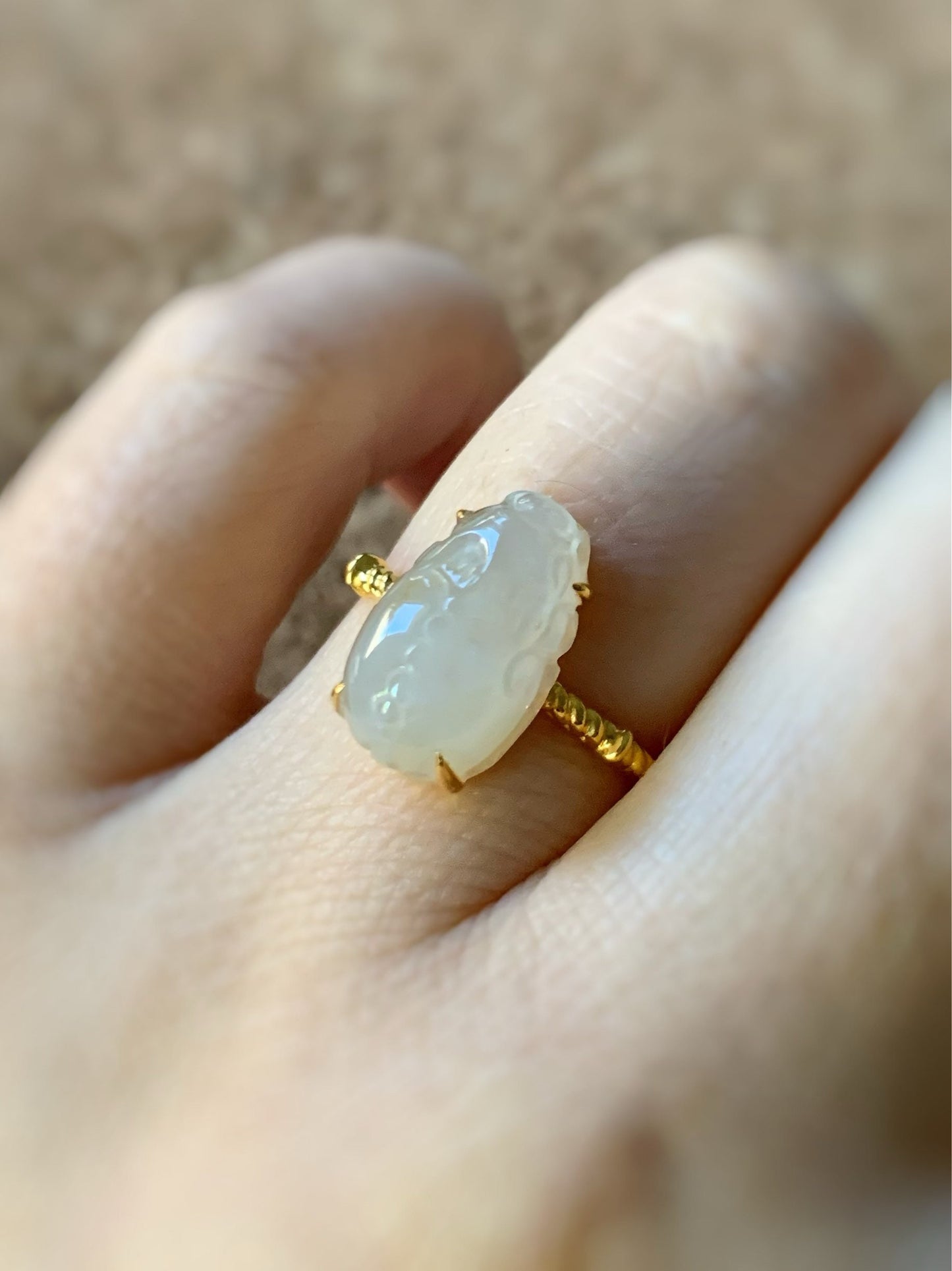 Certified Natural Burmese Icy Yellow Translucent and Gelatinous Jadeite Pixiu Ring Size 7 18K Yellow Gold 天然缅甸冰黄翡翠貔貅镶嵌戒指