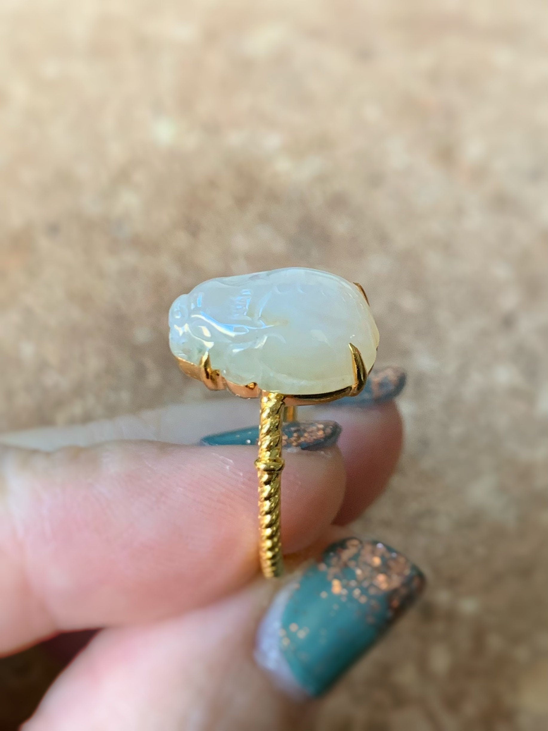 Certified Natural Burmese Icy Yellow Translucent and Gelatinous Jadeite Pixiu Ring Size 7 18K Yellow Gold 天然缅甸冰黄翡翠貔貅镶嵌戒指