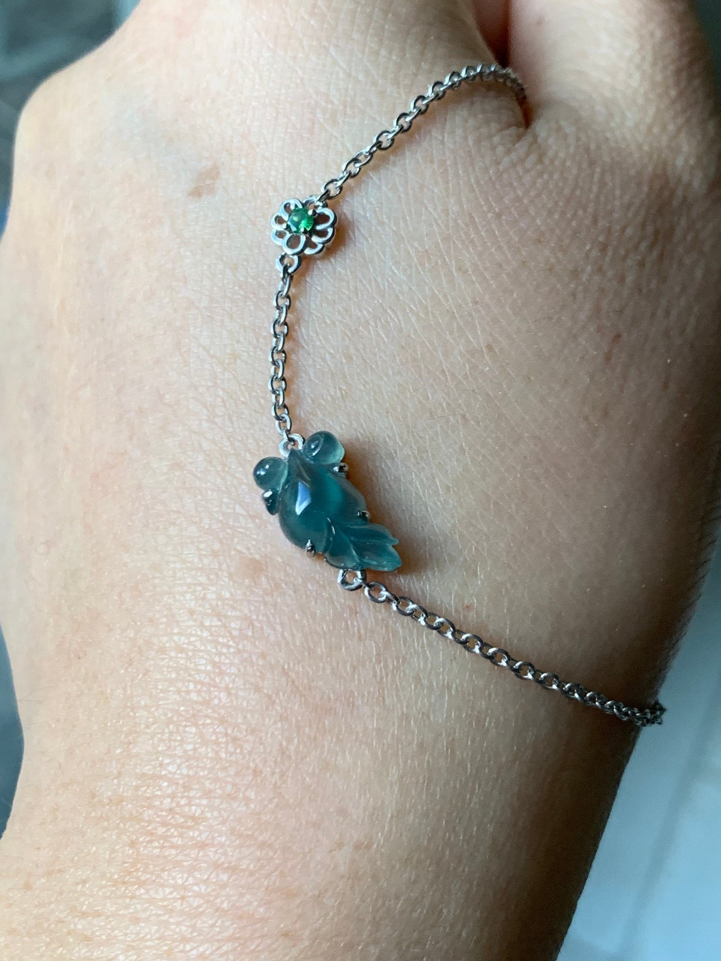 Certified Natural Guatemalan Highly Translucent Teal Blue Jadeite Carved Goldfish Bracelet S925 Sterling Silver adjustable 天然冰危蓝绿翡翠金鱼银镶手链