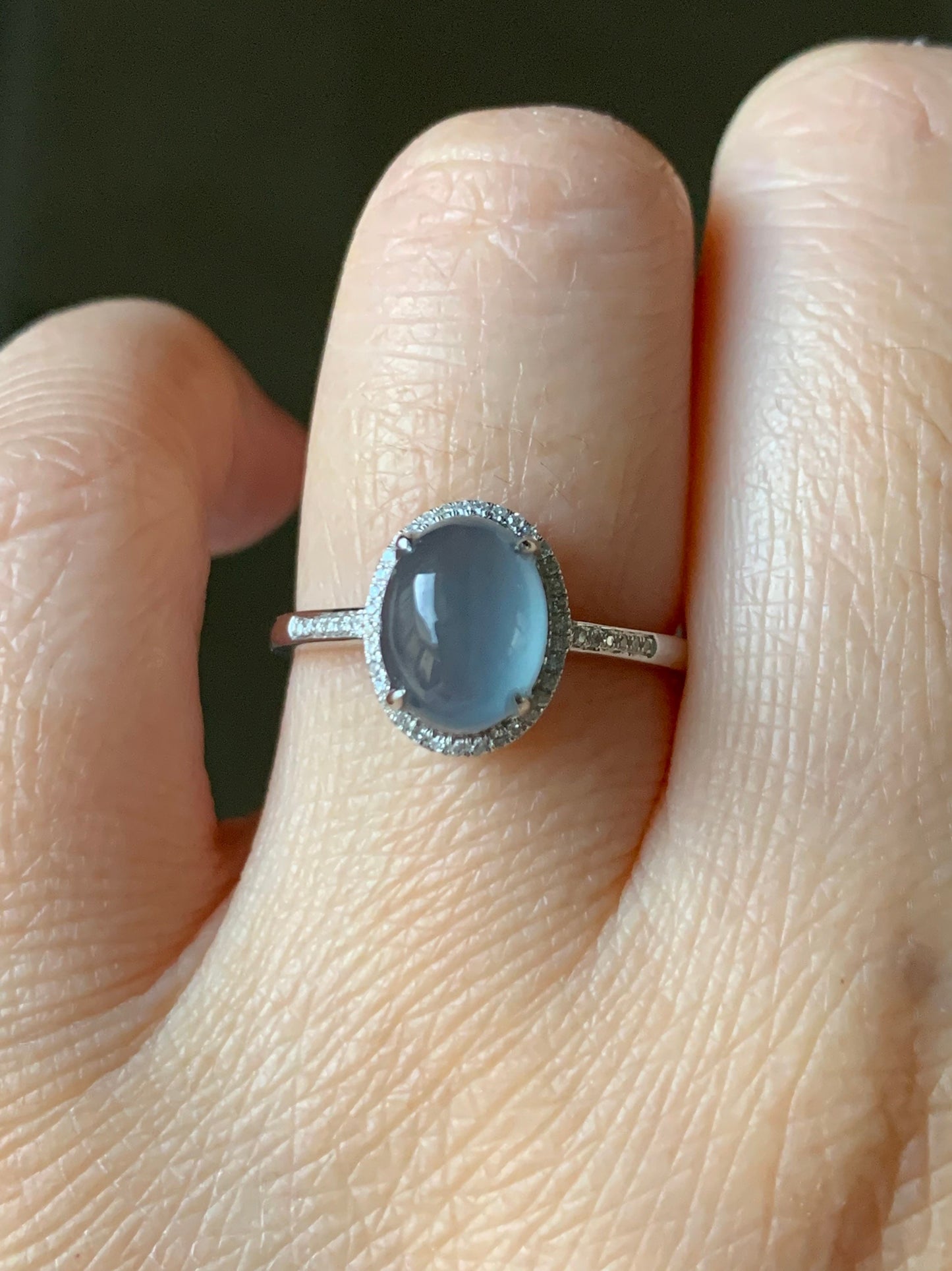 Certified Natural Guatemalan Premium Highly Translucent Icy Blue Jadeite Halo Style Ring 18K White Gold & Diamonds Size 7 天然正高冰危蓝水起光翡翠钻石镶嵌戒指