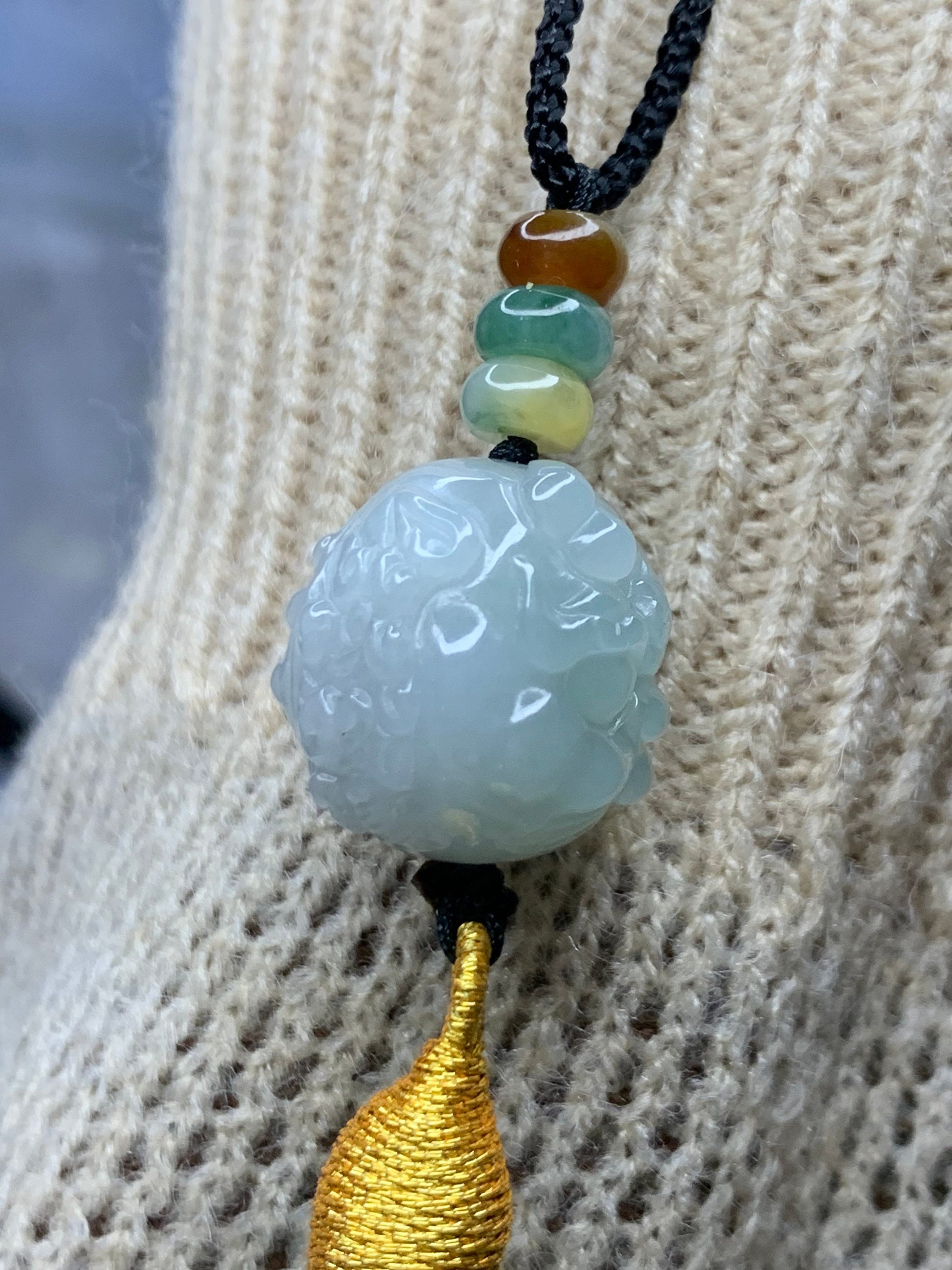 Large Natural Burmese Icy Gelatinous Jadeite Engraved Bead Pendant One of Dragon’s Nine Sons - Suan Ni Necklace Adjustable 天然缅甸翡翠雕刻珠龙生九子狻猊项链