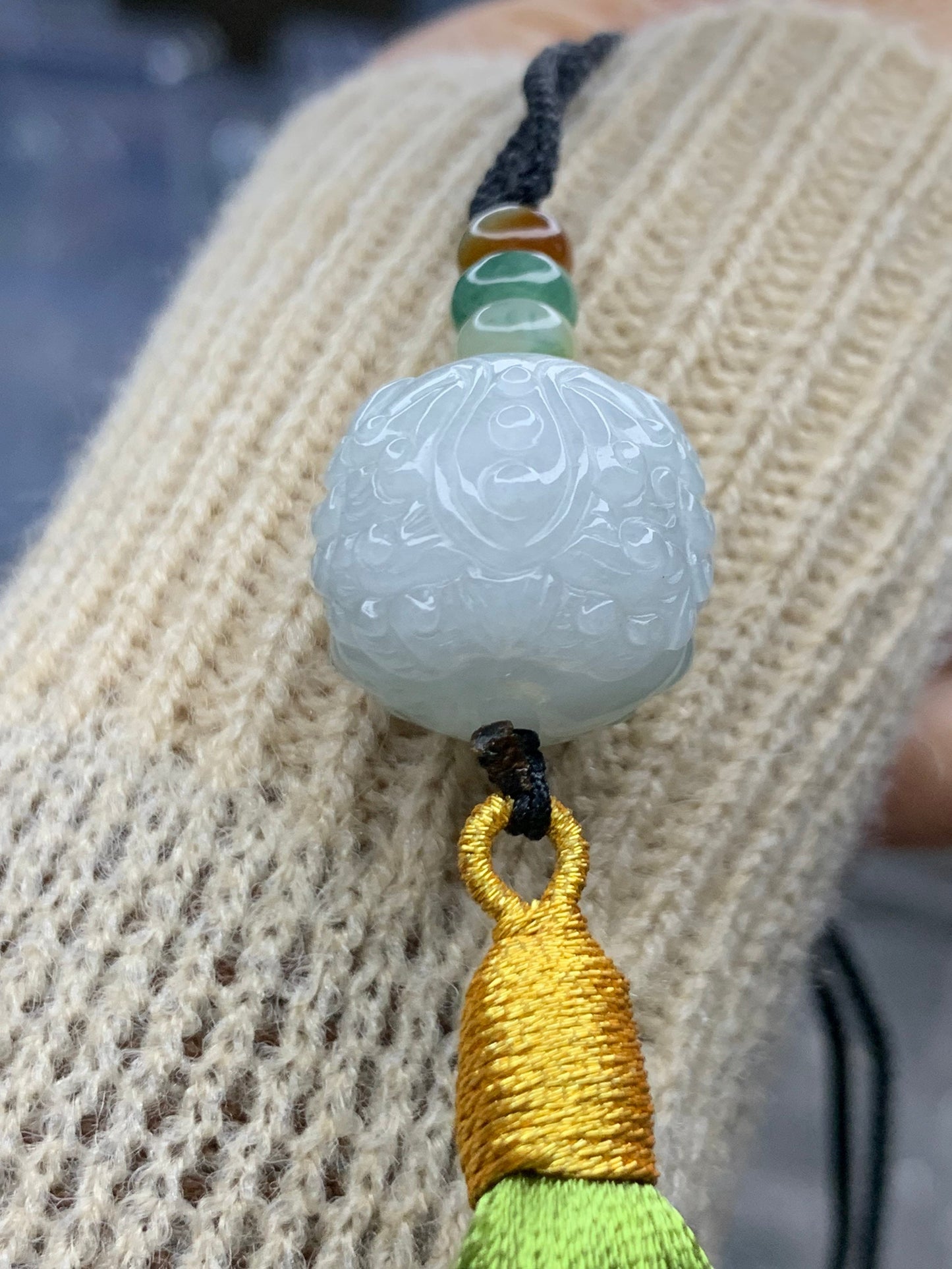 Large Natural Burmese Icy Gelatinous Jadeite Engraved Bead Pendant One of Dragon’s Nine Sons - Suan Ni Necklace Adjustable 天然缅甸翡翠雕刻珠龙生九子狻猊项链