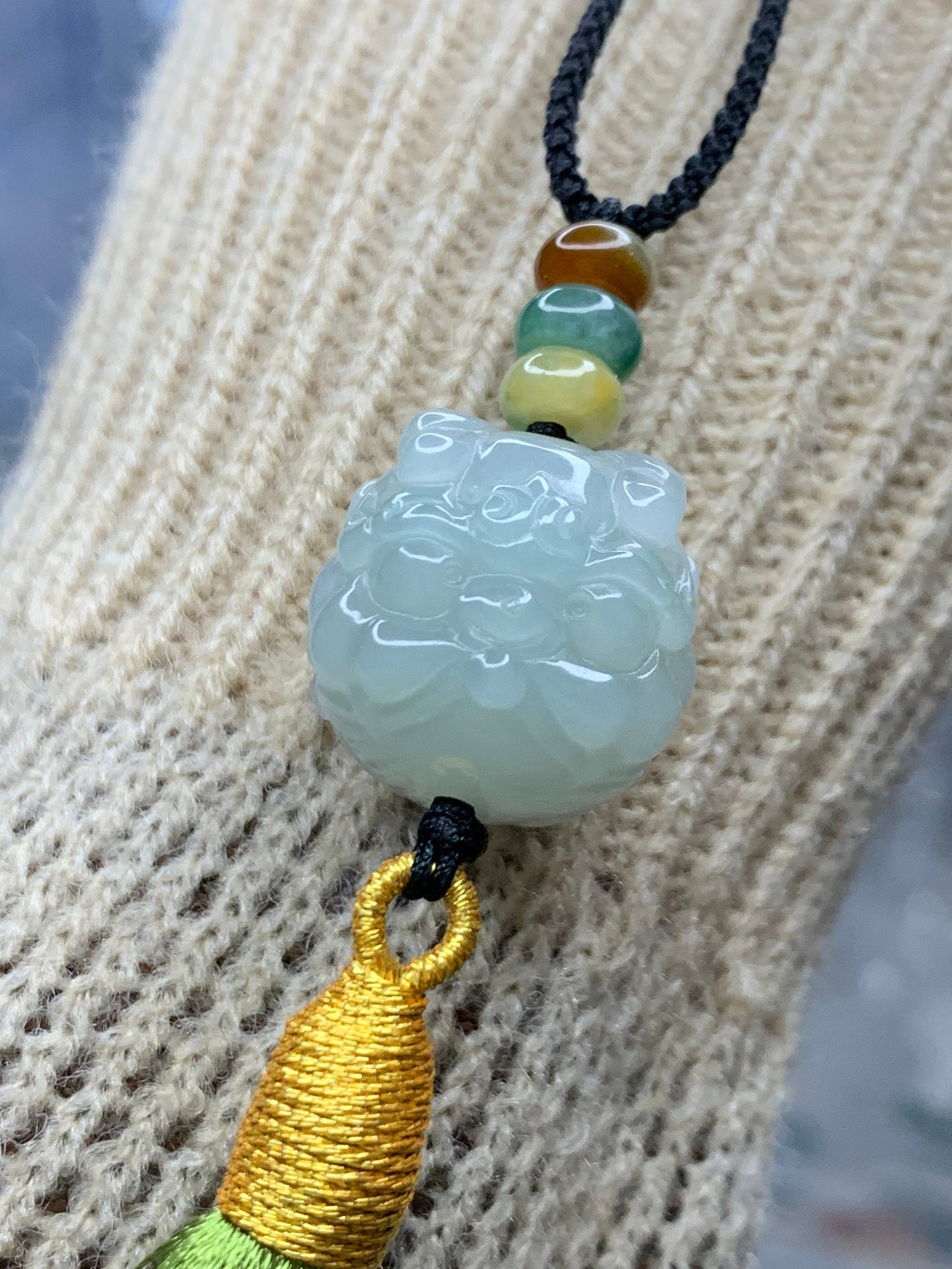 Large Natural Burmese Icy Gelatinous Jadeite Engraved Bead Pendant One of Dragon’s Nine Sons - Suan Ni Necklace Adjustable 天然缅甸翡翠雕刻珠龙生九子狻猊项链