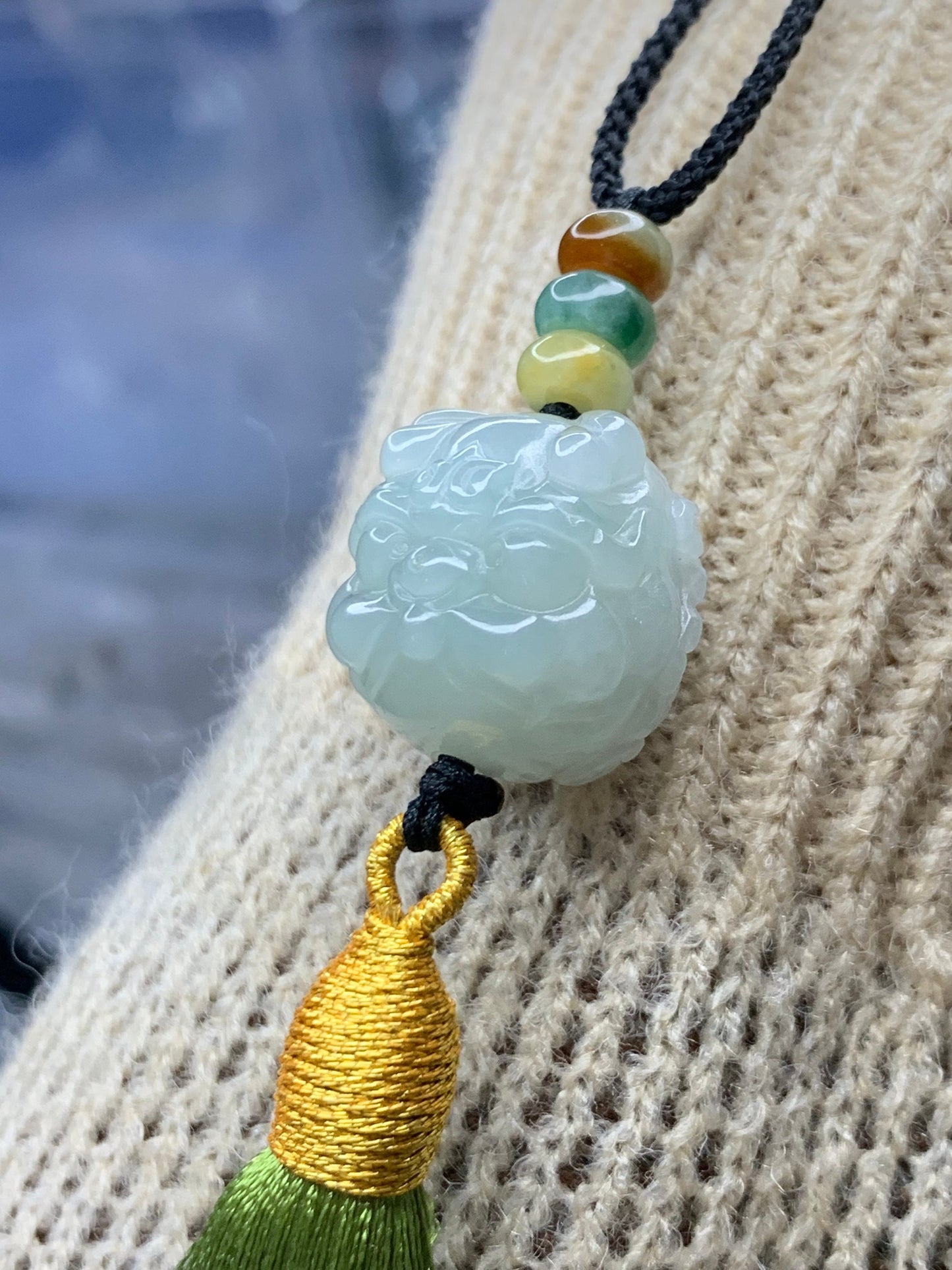 Large Natural Burmese Icy Gelatinous Jadeite Engraved Bead Pendant One of Dragon’s Nine Sons - Suan Ni Necklace Adjustable 天然缅甸翡翠雕刻珠龙生九子狻猊项链