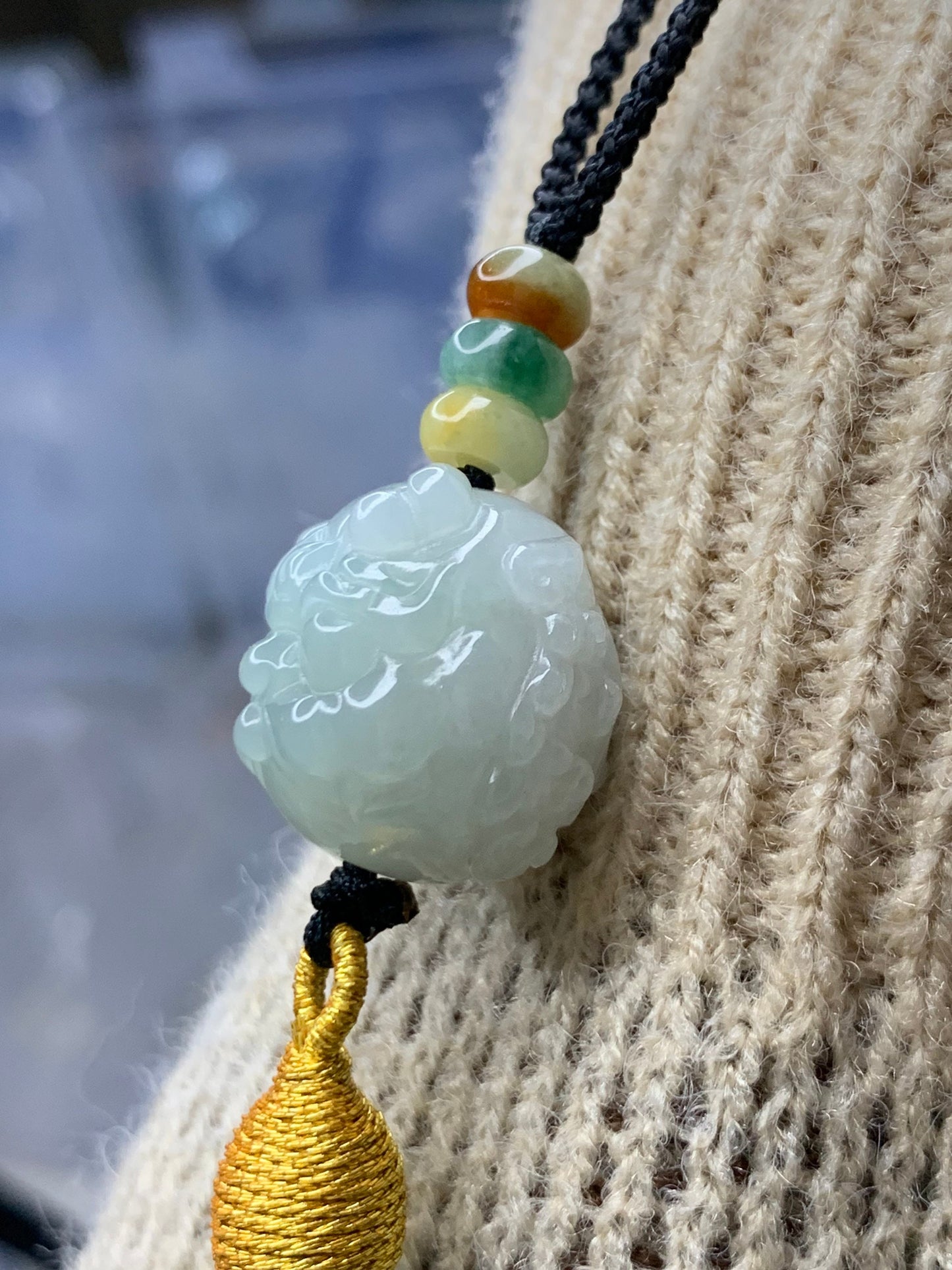 Large Natural Burmese Icy Gelatinous Jadeite Engraved Bead Pendant One of Dragon’s Nine Sons - Suan Ni Necklace Adjustable 天然缅甸翡翠雕刻珠龙生九子狻猊项链