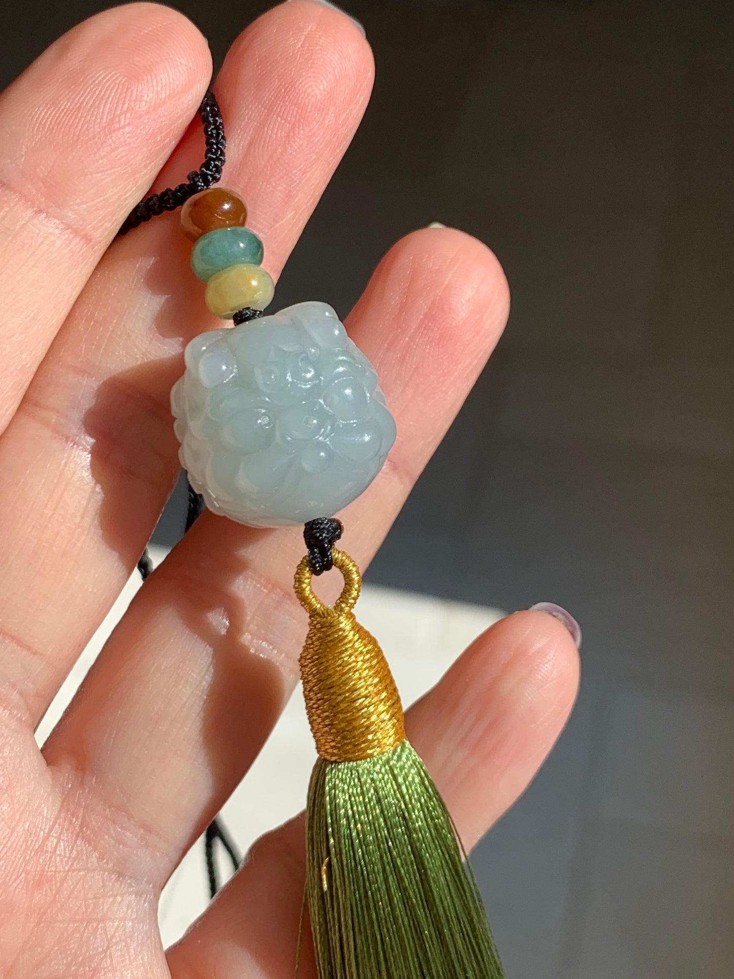 Large Natural Burmese Icy Gelatinous Jadeite Engraved Bead Pendant One of Dragon’s Nine Sons - Suan Ni Necklace Adjustable 天然缅甸翡翠雕刻珠龙生九子狻猊项链