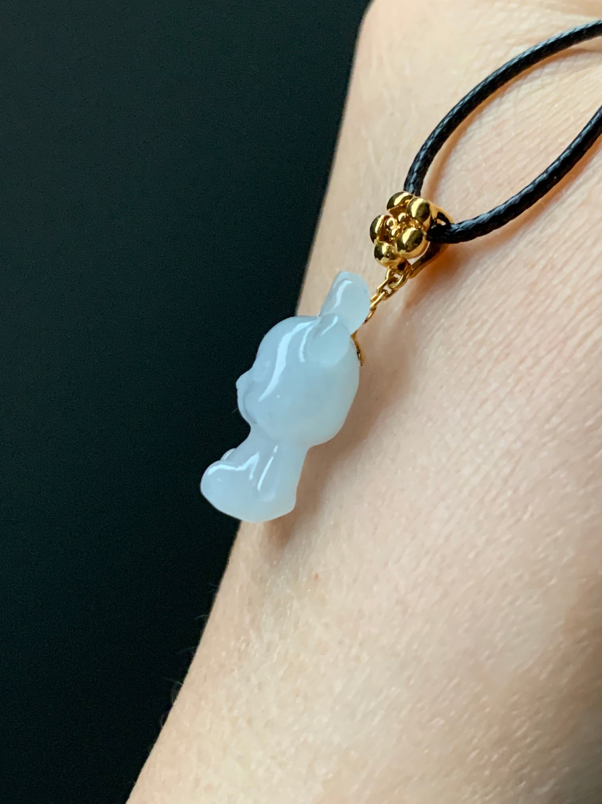 Certified Natural Burmese Icy Translucent & Gelatinous White Jadeite Carved Deer Pendant 18K Yellow Gold Cherry Blossom Bail 天然缅甸白冰翡翠小鹿镶嵌吊坠