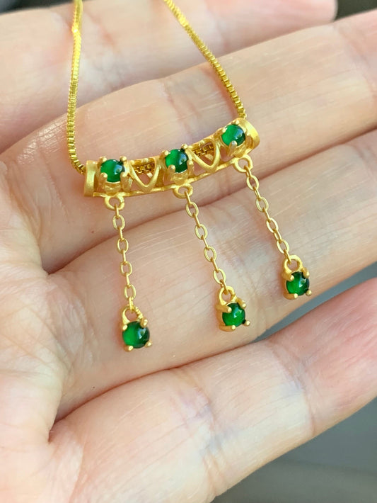 Natural Guatemalan Premium Vibrant Green Jadeite Dangle Pendant S925 Silver Yellow Gold Finish w/ Chain 天然高冰危绿翡翠流苏吊坠套链