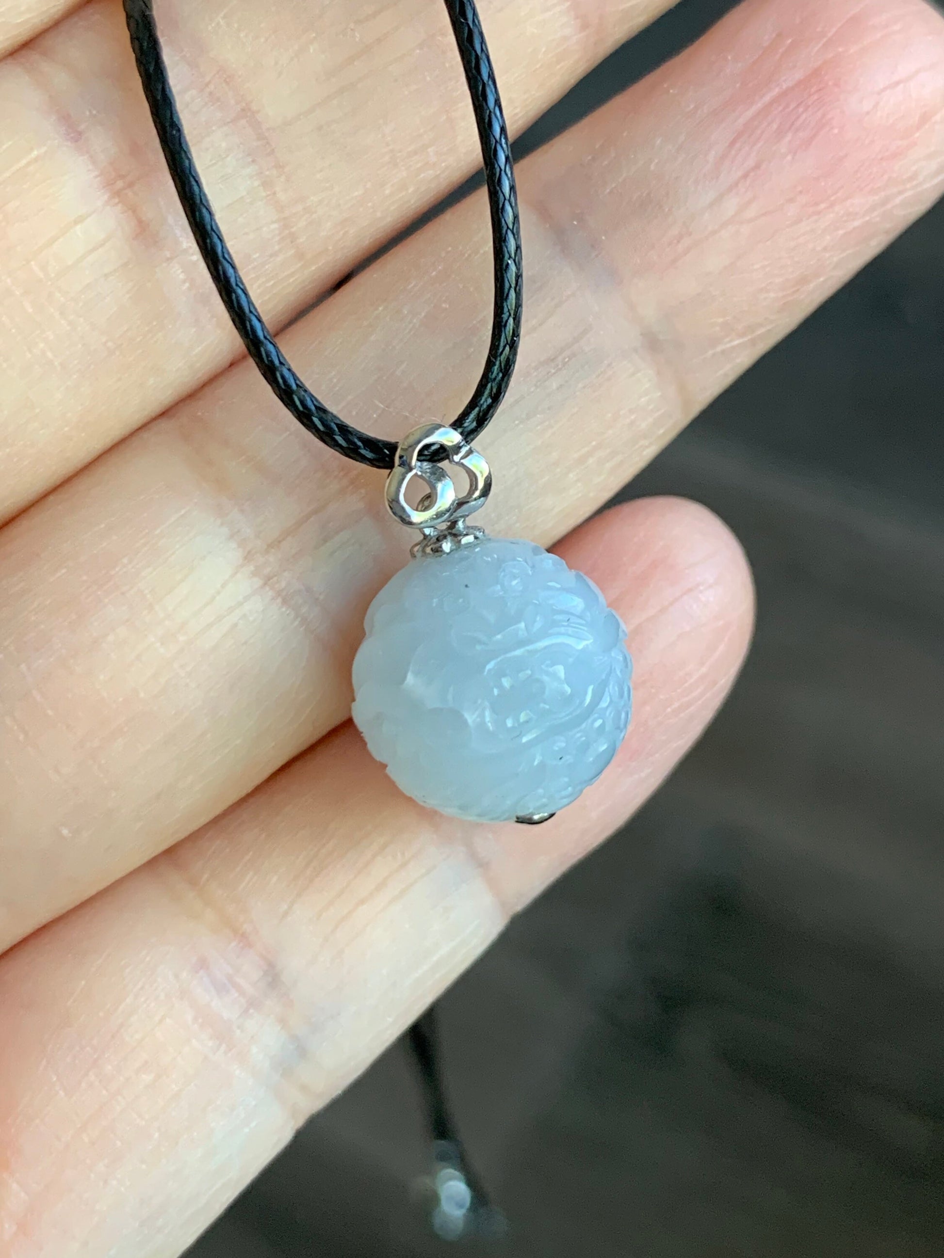 Certified Natural Burmese Icy Translucent Gelatinous White Jadeite Carved Dragon Ball Sphere Pendant 18K White Gold 天然缅甸冰胶白冰翡翠龙珠镶嵌吊坠 3761