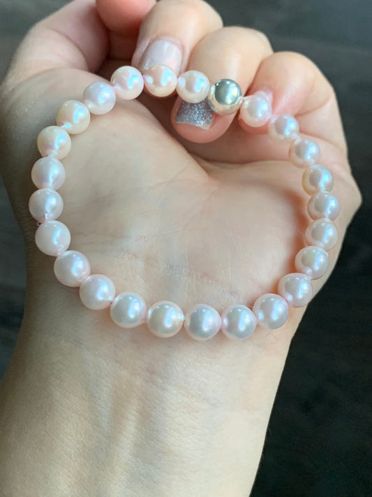 Natural Saltwater Akoya Peachy Blush Pearls and 925 Sterling Silver Ball Beaded Bracelet Stretchy 7” 天然淡粉海水珍珠纯银珠手串