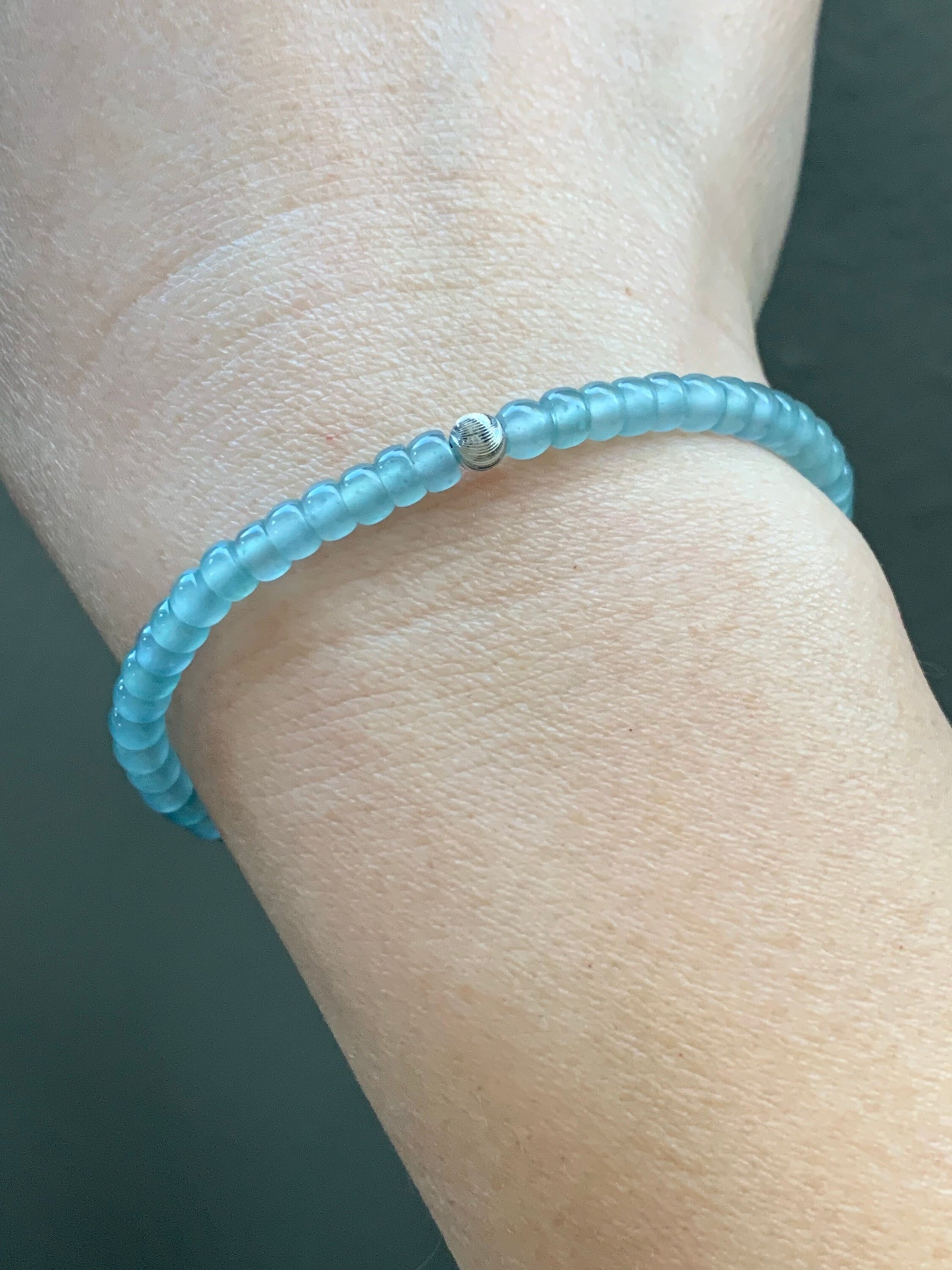 Stunning Natural Guatemalan A Graded Premium Icy Highly Translucent Light Blue Jadeite Beaded Bracelet 18K WG Bead 6.75” 天然高冰危蓝起光翡翠18K金珠手串