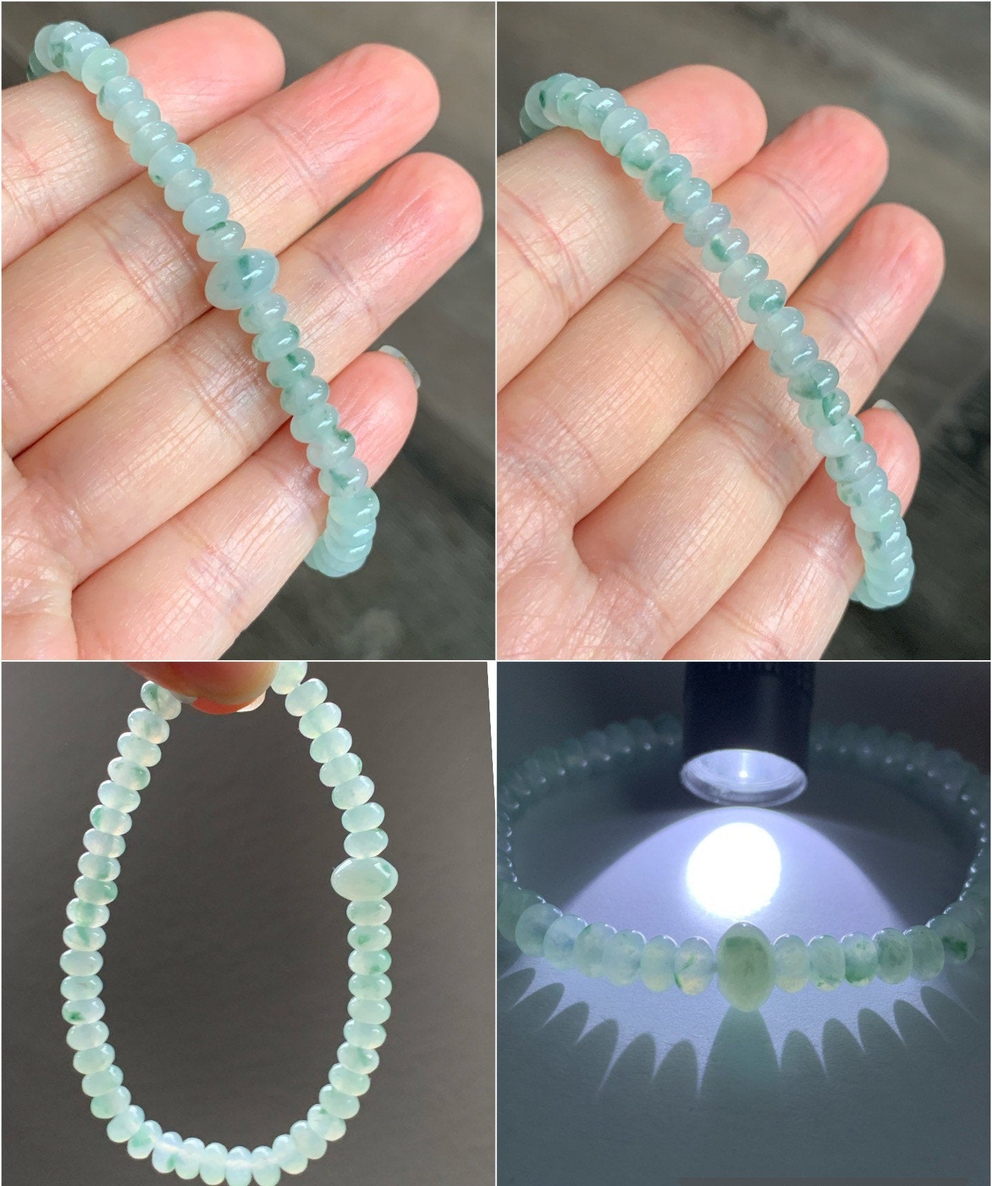 Burmese Natural Icy Highly Translucent Gelatinous Light Green Marbled Jadeite Mini Drum Beads Beaded Bracelet 6.5” 天然缅甸冰胶飘花翡翠迷你鼓珠手串 PHSP219