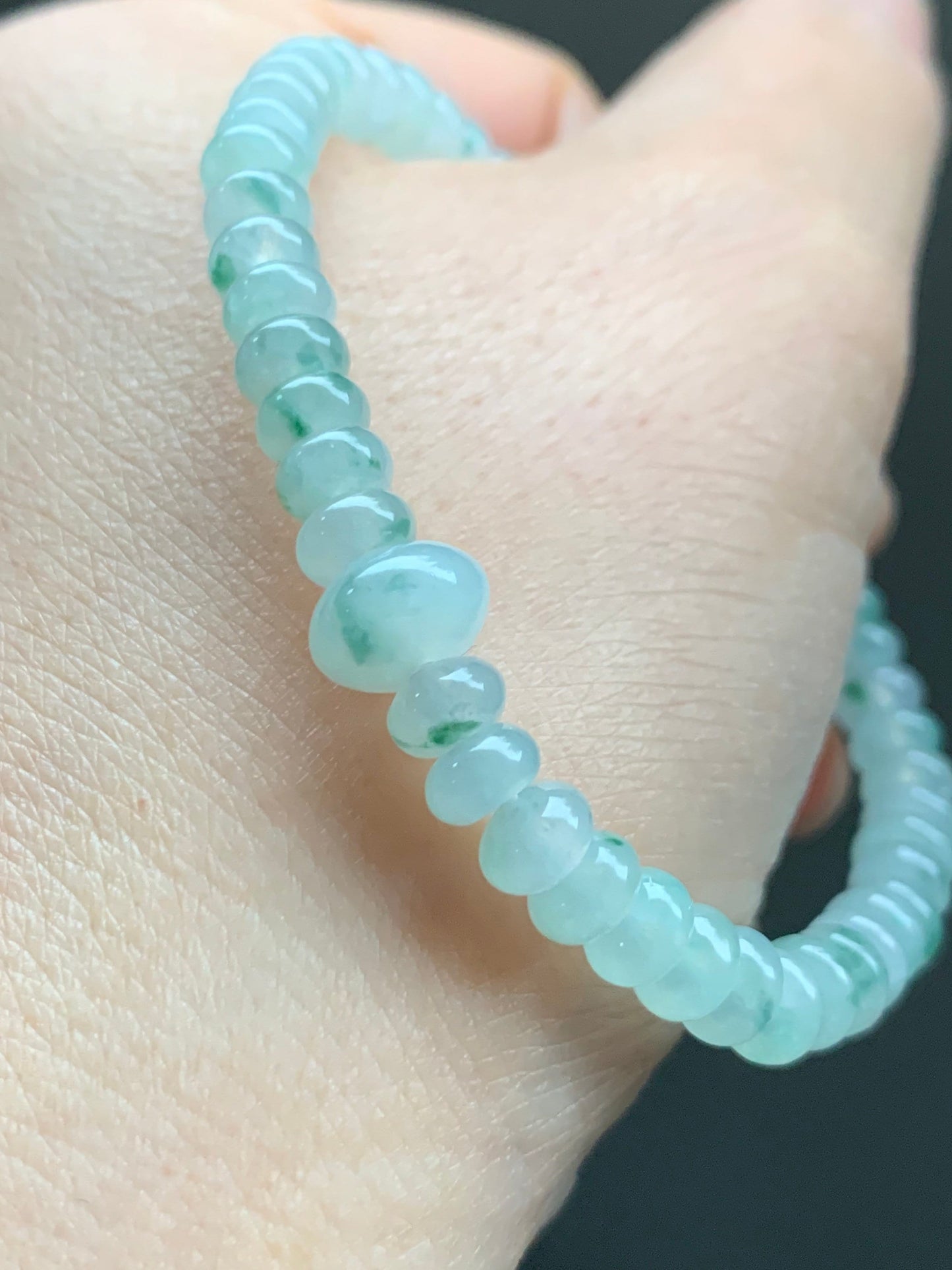 Burmese Natural Icy Highly Translucent Gelatinous Light Green Marbled Jadeite Mini Drum Beads Beaded Bracelet 6.5” 天然缅甸冰胶飘花翡翠迷你鼓珠手串 PHSP219