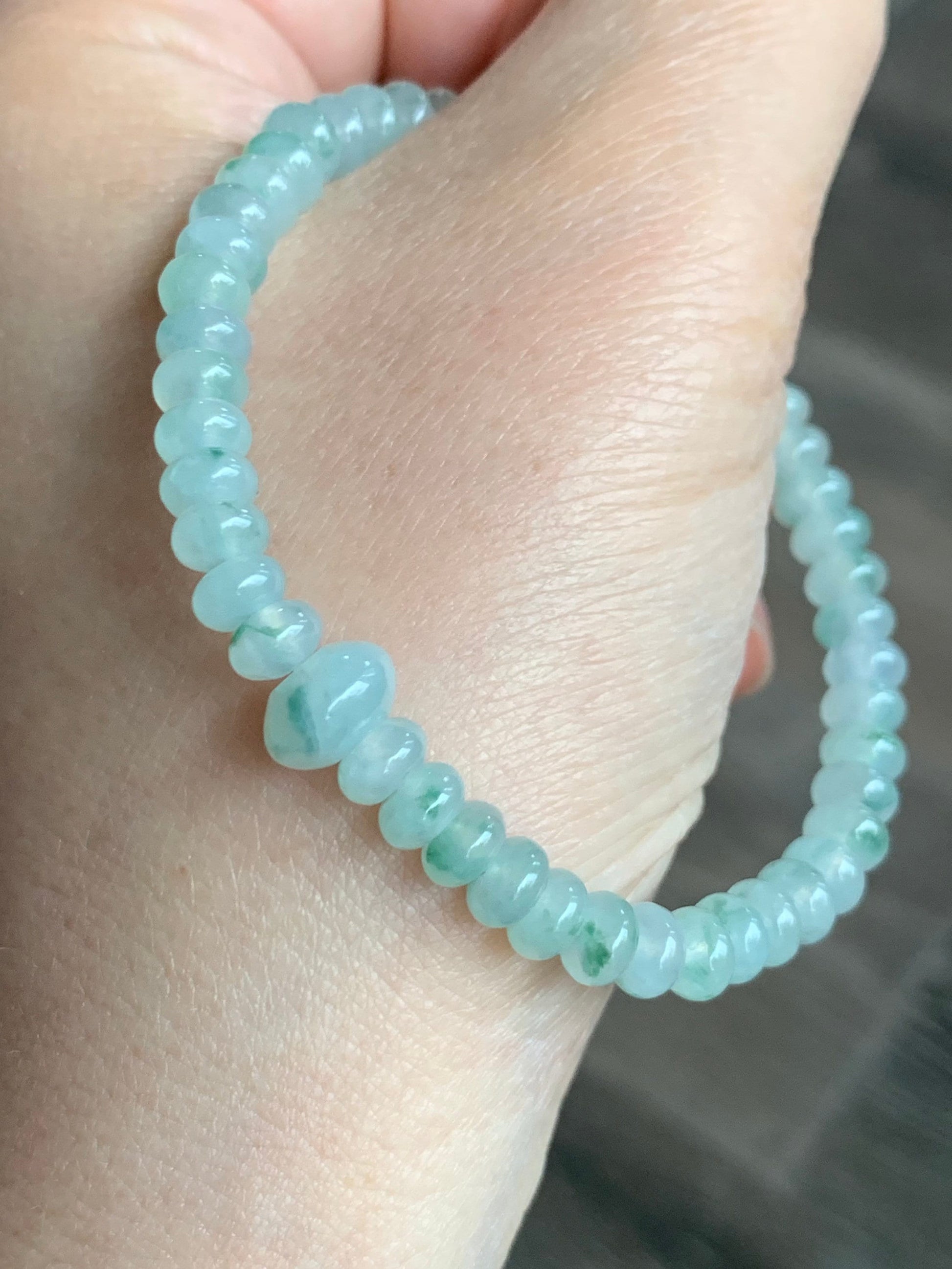 Burmese Natural Icy Highly Translucent Gelatinous Light Green Marbled Jadeite Mini Drum Beads Beaded Bracelet 6.5” 天然缅甸冰胶飘花翡翠迷你鼓珠手串 PHSP219