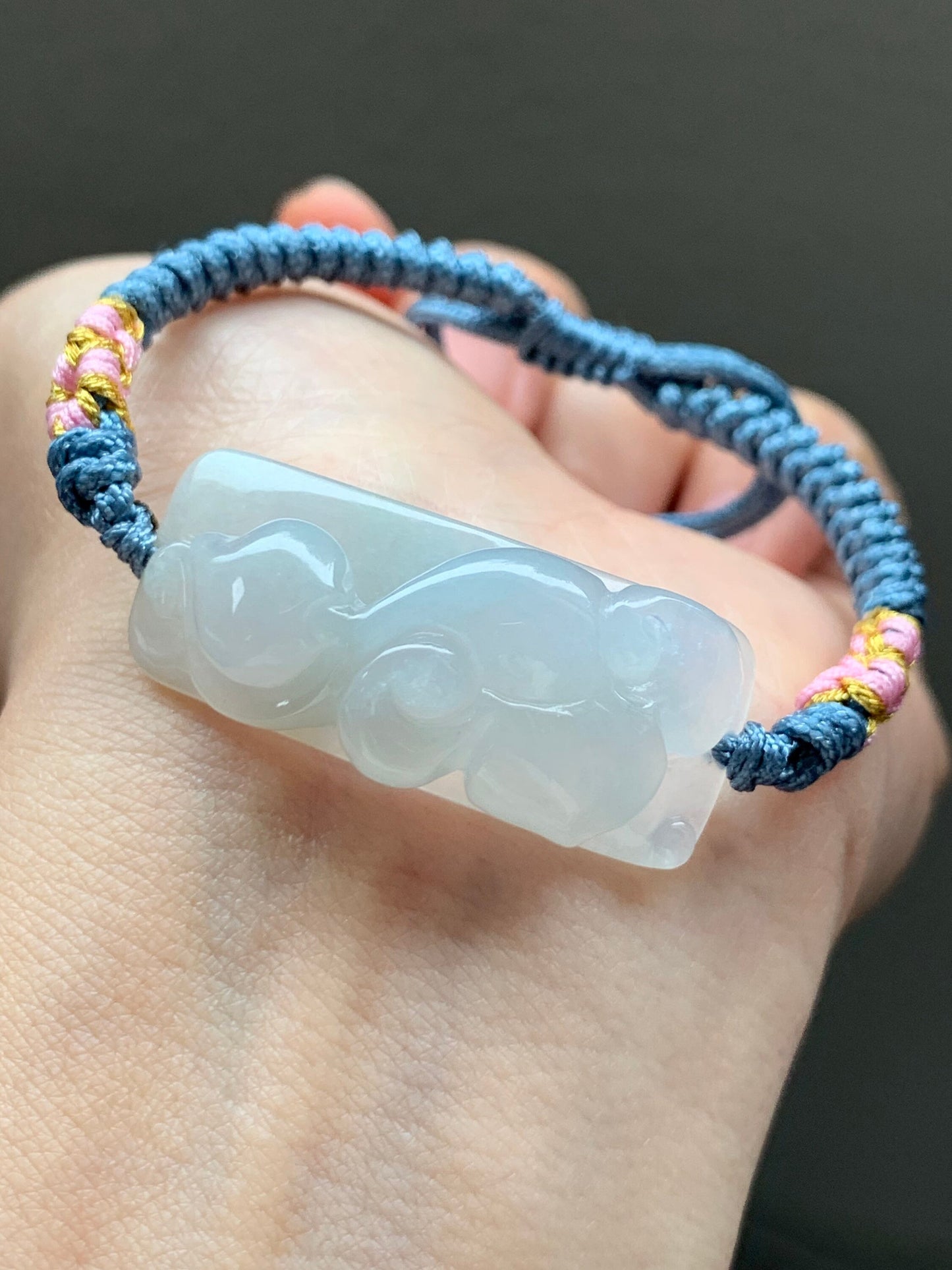 Stunning Natural Burmese Icy Translucent & Gelatinous Sky Blue Jadeite Carved w/ Ruyi Rope Bracelet Adjustable 天然缅甸冰胶天空蓝翡翠如意手牌手绳