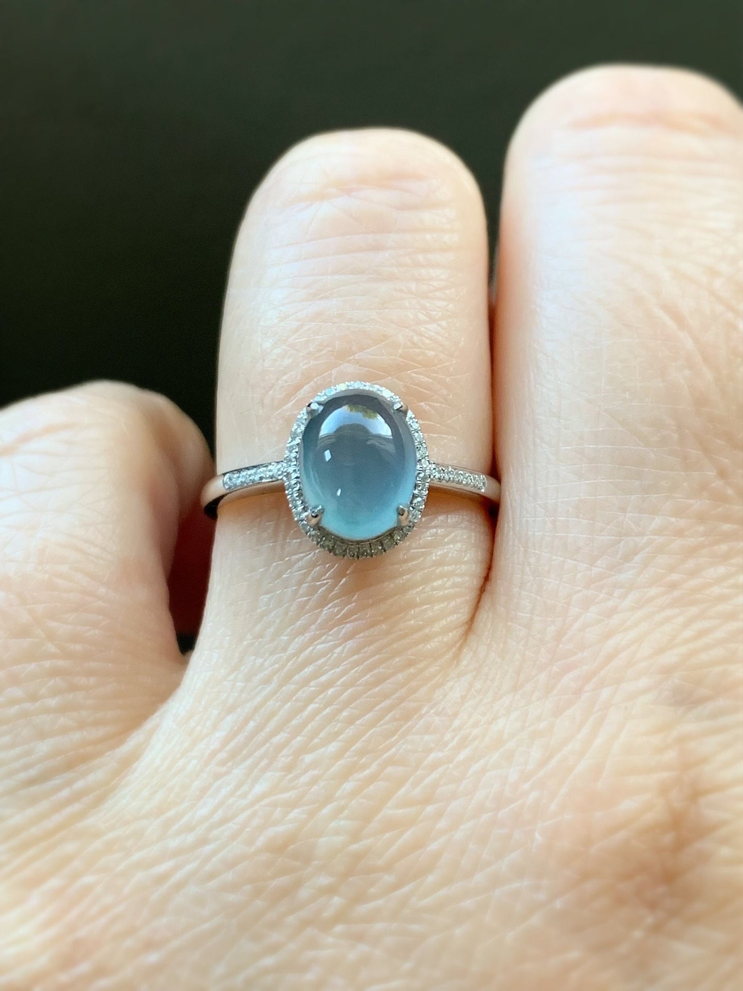 Certified Natural Guatemalan Premium Highly Translucent Icy Blue Jadeite Halo Style Ring 18K White Gold & Diamonds Size 7 天然正高冰危蓝水起光翡翠钻石镶嵌戒指