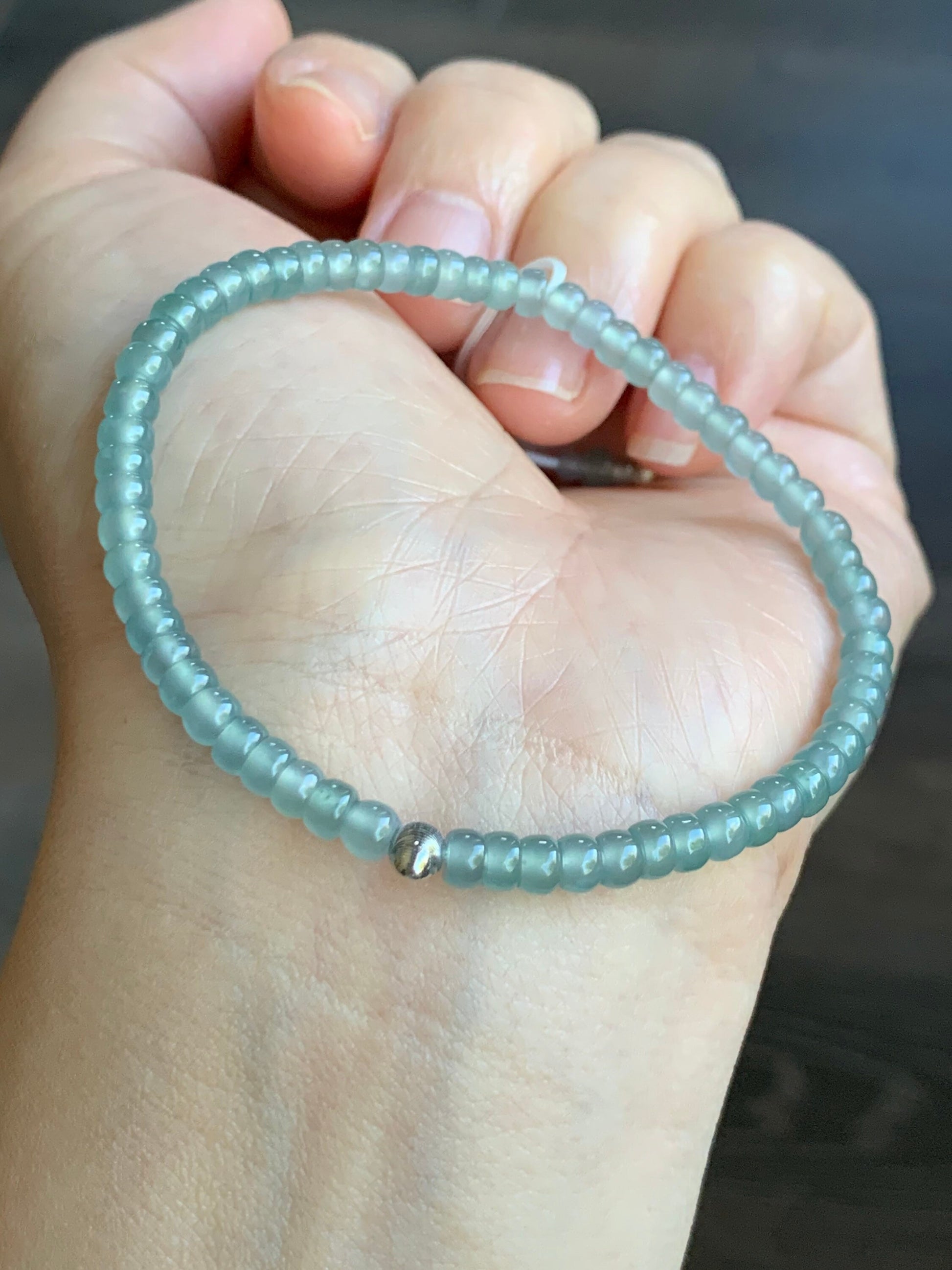 Stunning Natural Guatemalan A Graded Premium Icy Highly Translucent Light Blue Jadeite Beaded Bracelet 18K WG Bead 6.75” 天然高冰危蓝起光翡翠18K金珠手串