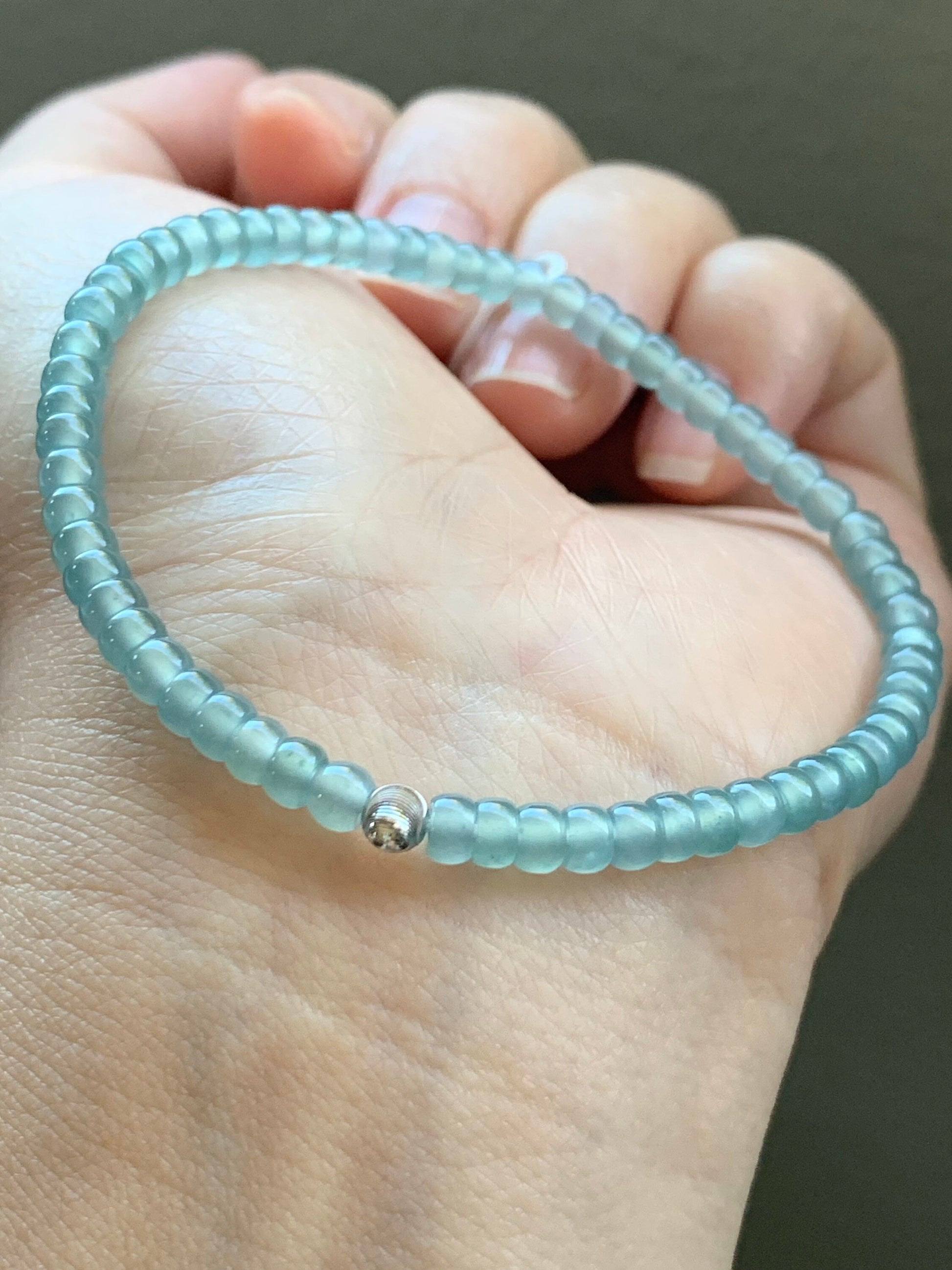 Stunning Natural Guatemalan A Graded Premium Icy Highly Translucent Light Blue Jadeite Beaded Bracelet 18K WG Bead 6.75” 天然高冰危蓝起光翡翠18K金珠手串