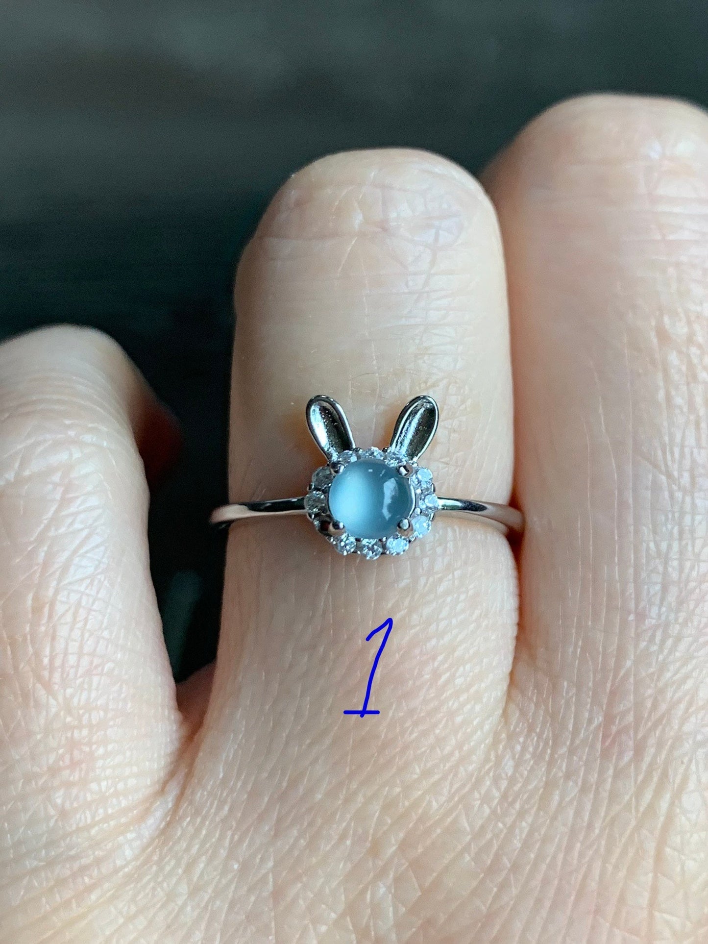 Natural Guatemalan Icy Highly Translucent Light Blue Jadeite Solitaire Rabbit Design Ring S925 Silver Size Adjustable 天然冰蓝起光翡翠小兔银镶戒指 XTW50