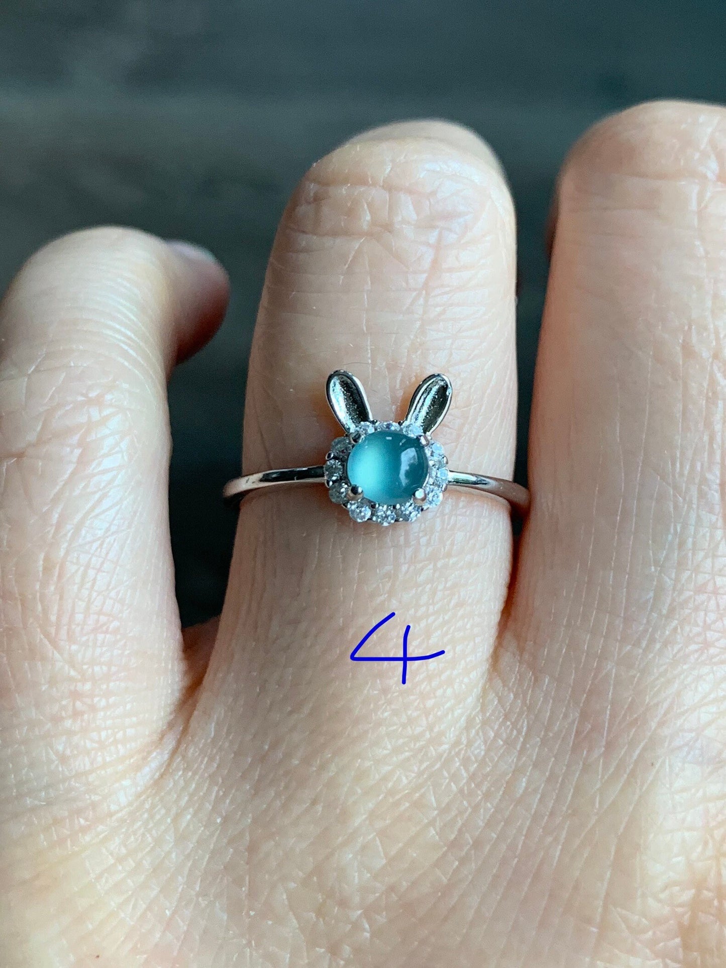 Natural Guatemalan Icy Highly Translucent Light Blue Jadeite Solitaire Rabbit Design Ring S925 Silver Size Adjustable 天然冰蓝起光翡翠小兔银镶戒指 XTW50