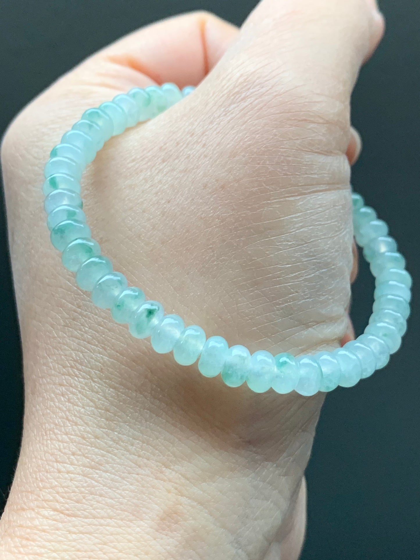 Burmese Natural Icy Highly Translucent Gelatinous Light Green Marbled Jadeite Mini Drum Beads Beaded Bracelet 6.5” 天然缅甸冰胶飘花翡翠迷你鼓珠手串 PHSP219