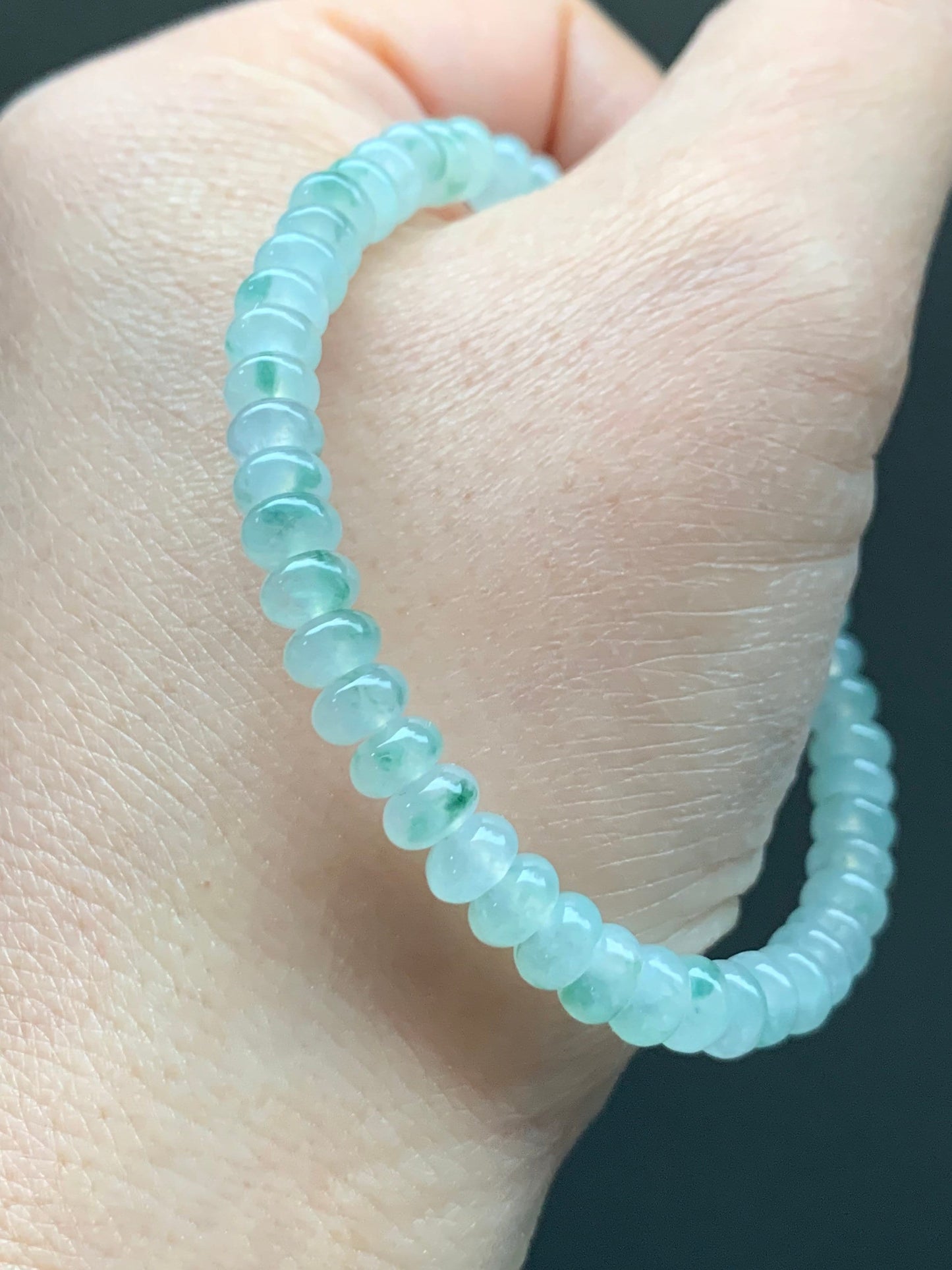 Burmese Natural Icy Highly Translucent Gelatinous Light Green Marbled Jadeite Mini Drum Beads Beaded Bracelet 6.5” 天然缅甸冰胶飘花翡翠迷你鼓珠手串 PHSP219