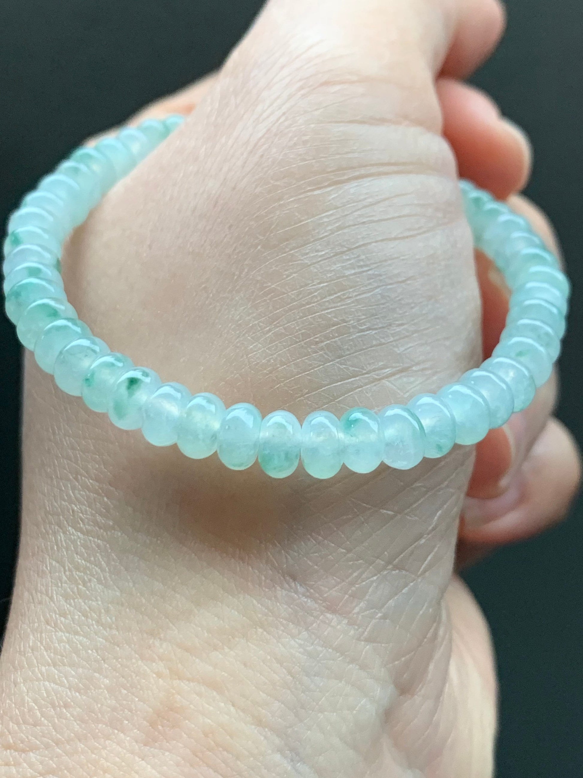 Burmese Natural Icy Highly Translucent Gelatinous Light Green Marbled Jadeite Mini Drum Beads Beaded Bracelet 6.5” 天然缅甸冰胶飘花翡翠迷你鼓珠手串 PHSP219