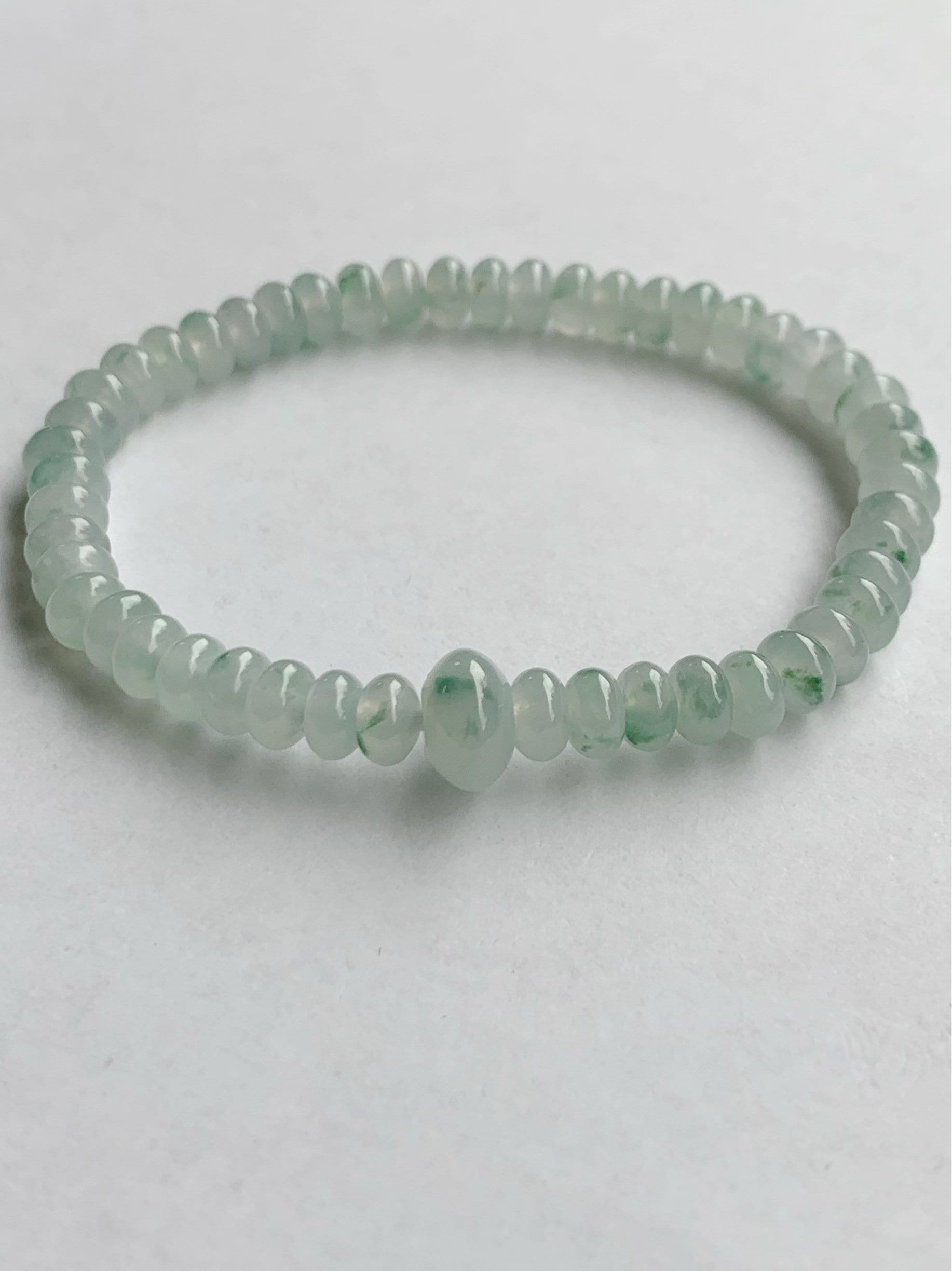 Burmese Natural Icy Highly Translucent Gelatinous Light Green Marbled Jadeite Mini Drum Beads Beaded Bracelet 6.5” 天然缅甸冰胶飘花翡翠迷你鼓珠手串 PHSP219