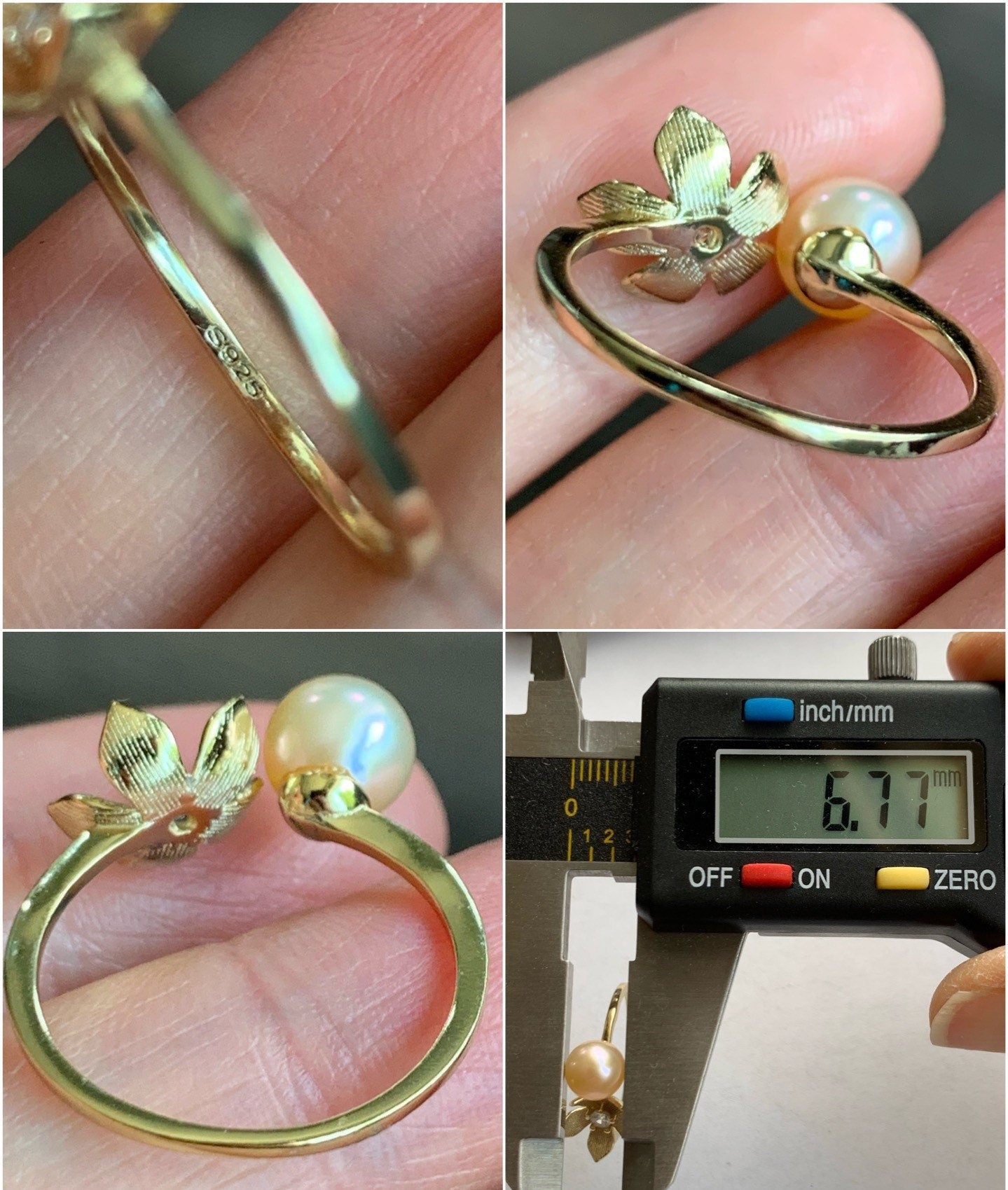 Natural Genuine Freshwater Champagne Pearl Solitaire Ring Floral Design S925 Silver Yellow Gold Finish Adjustable 6.7mm 天然淡水金色珍珠戒指 FZH68