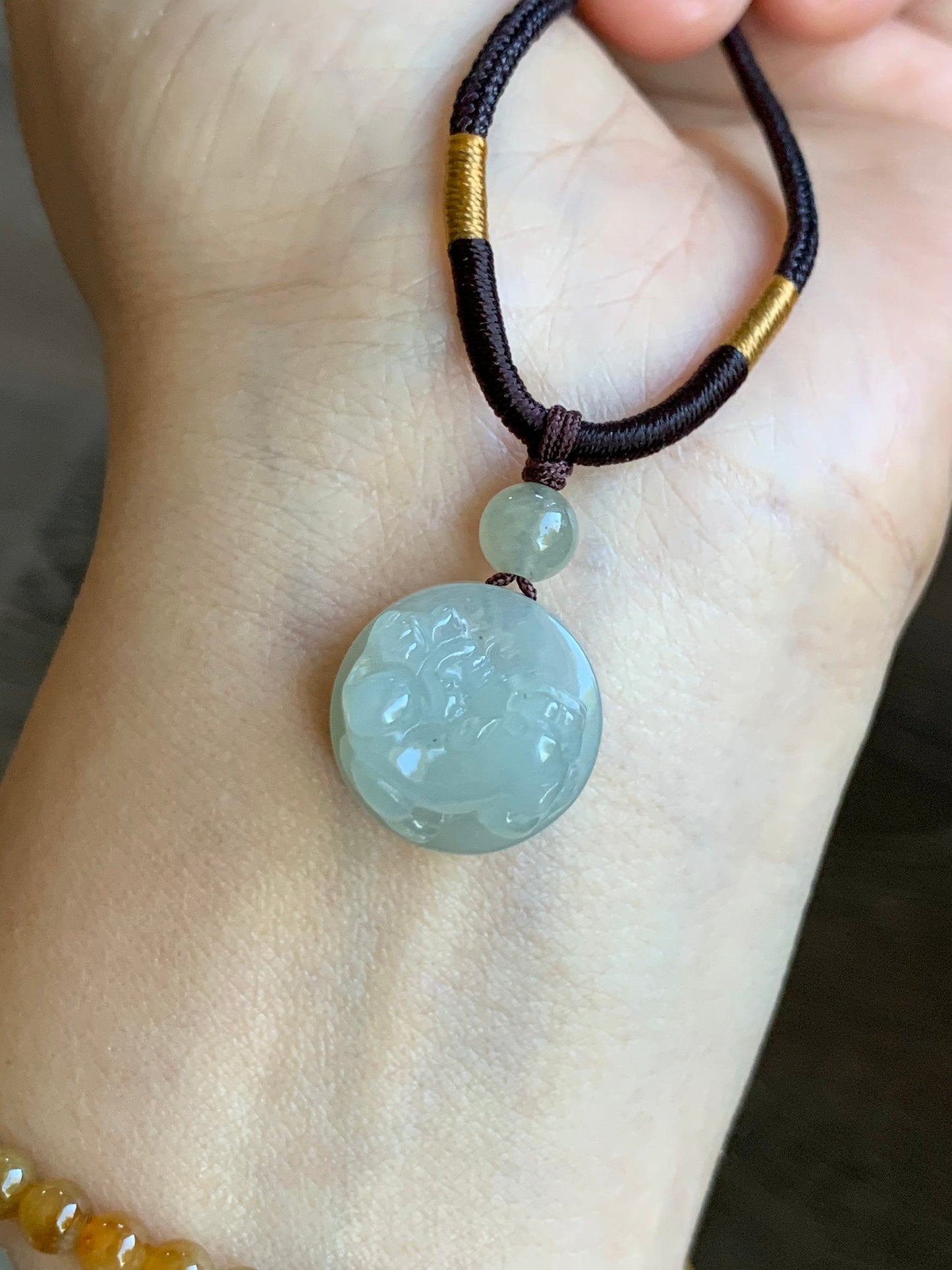 UNIQUE Natural Burmese Icy Translucent & Gelatinous Rock Sugar Jadeite Carved Pixiu Bead Pendant on Rope Necklace 天然缅甸冰胶冰糖黄翡翠貔貅珠吊坠