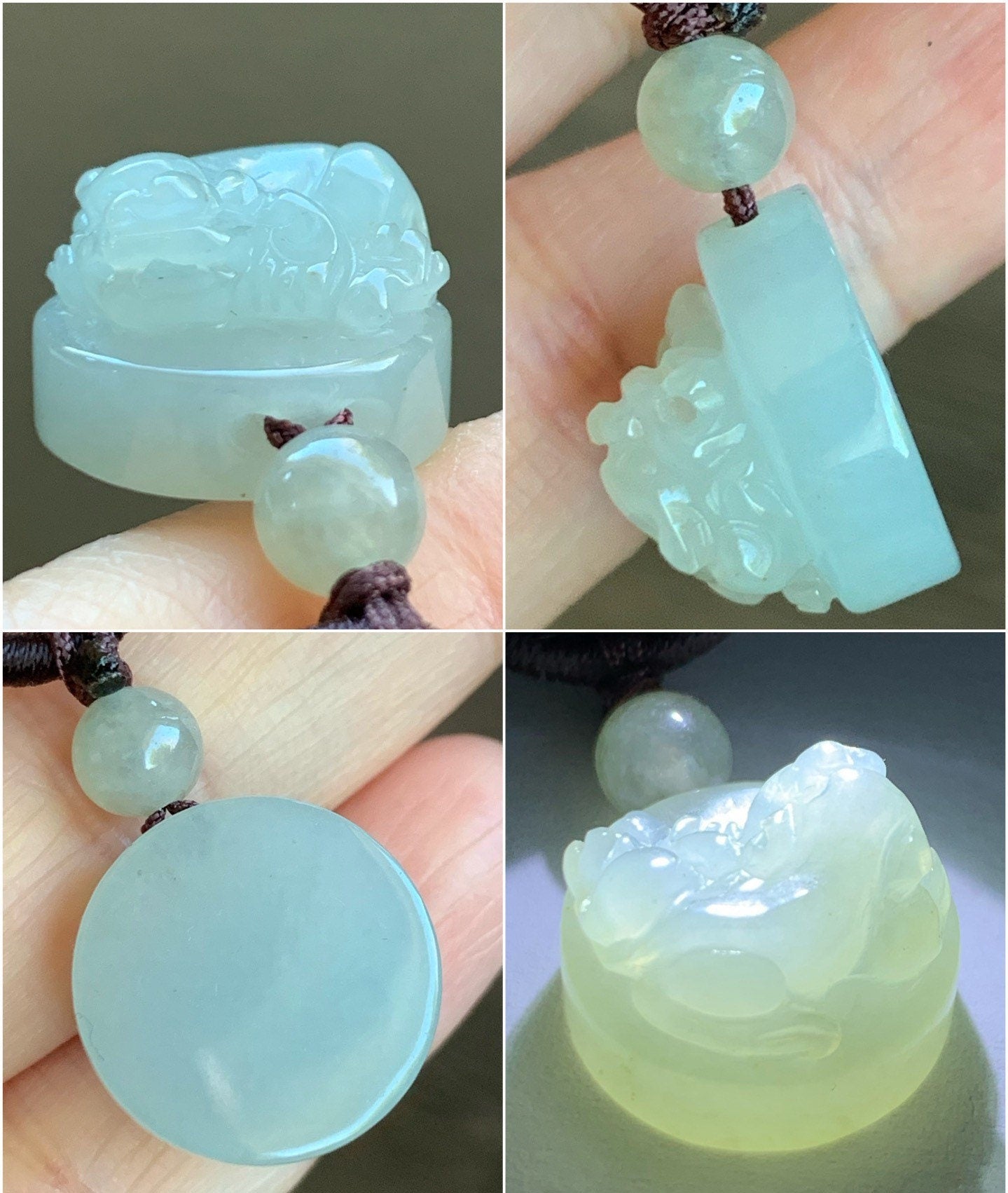 UNIQUE Natural Burmese Icy Translucent & Gelatinous Rock Sugar Jadeite Carved Pixiu Bead Pendant on Rope Necklace 天然缅甸冰胶冰糖黄翡翠貔貅珠吊坠