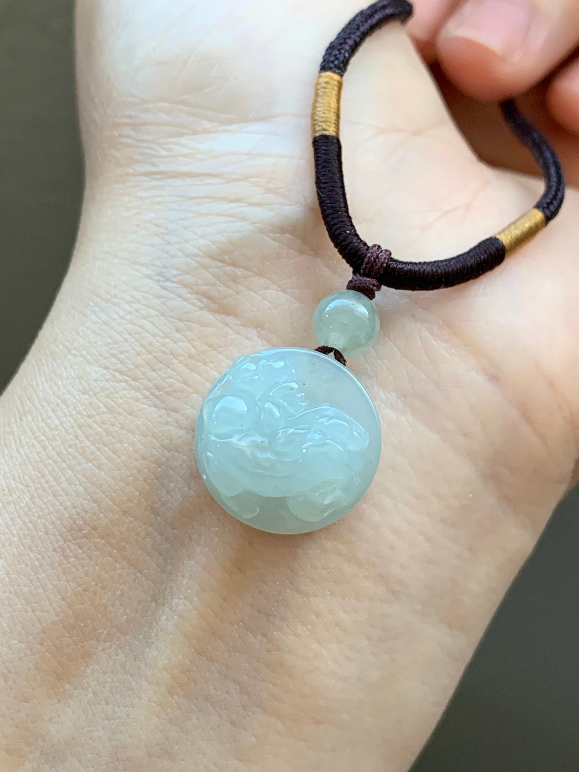 UNIQUE Natural Burmese Icy Translucent & Gelatinous Rock Sugar Jadeite Carved Pixiu Bead Pendant on Rope Necklace 天然缅甸冰胶冰糖黄翡翠貔貅珠吊坠